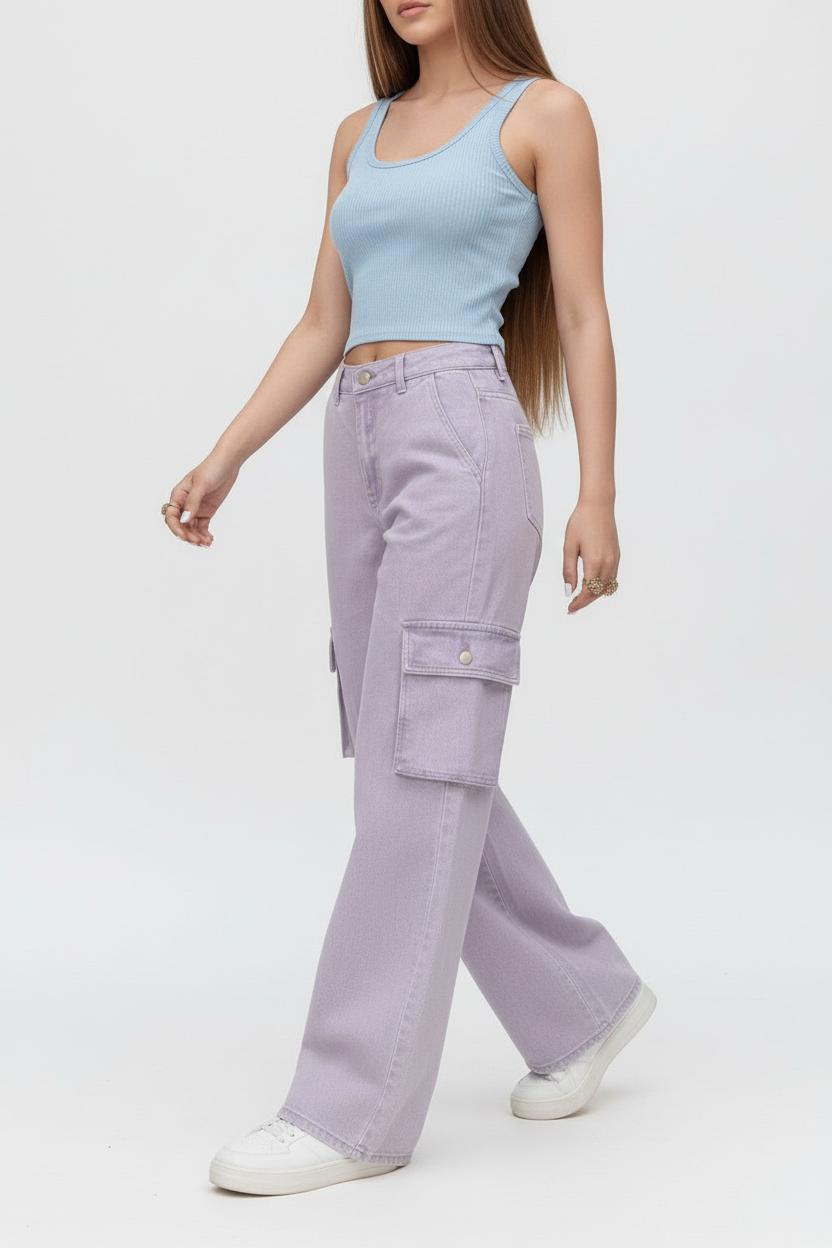 High Rise Wide Leg Cargo Jeans Lilac Minor Fault
