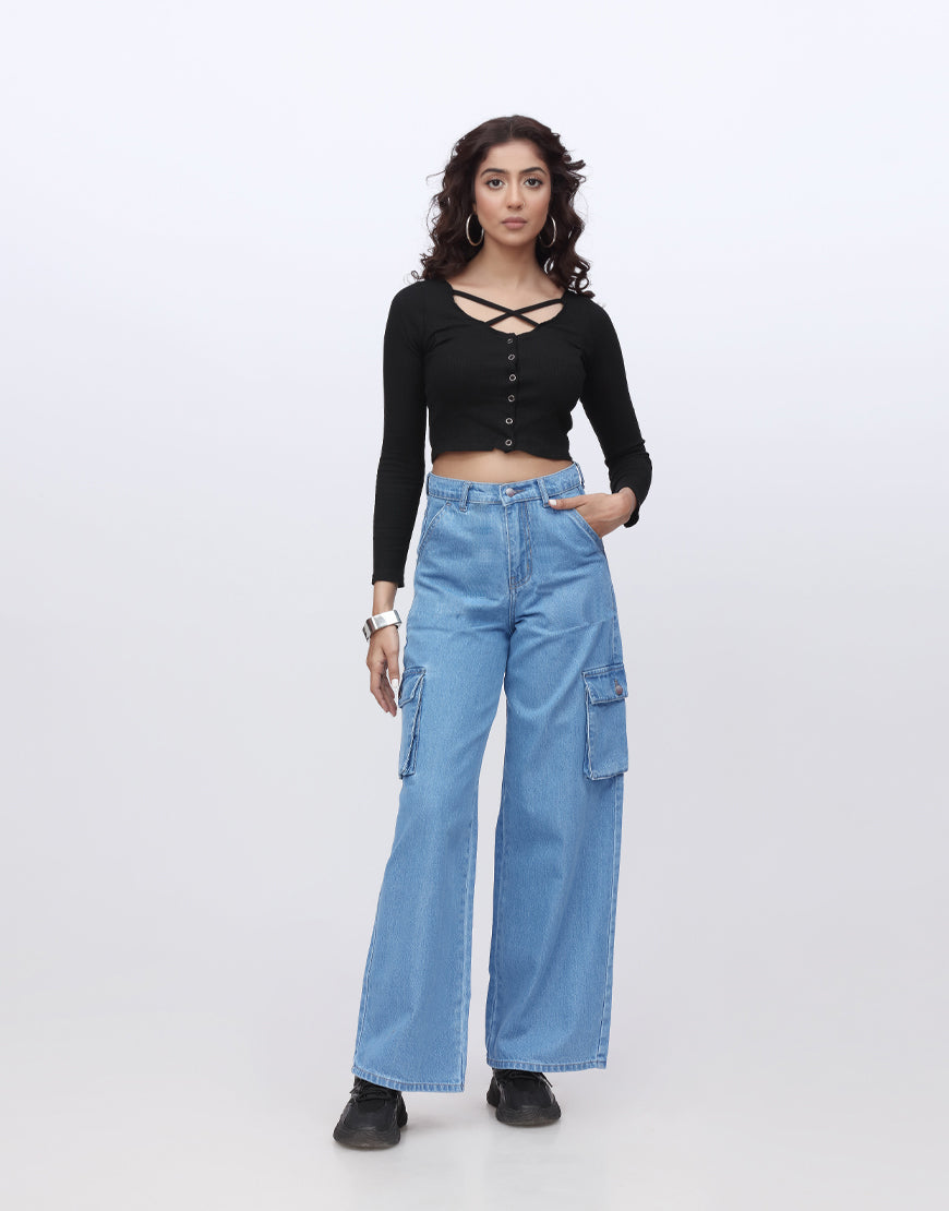 High Rise Wide Leg Cargo Jeans Medium Wash