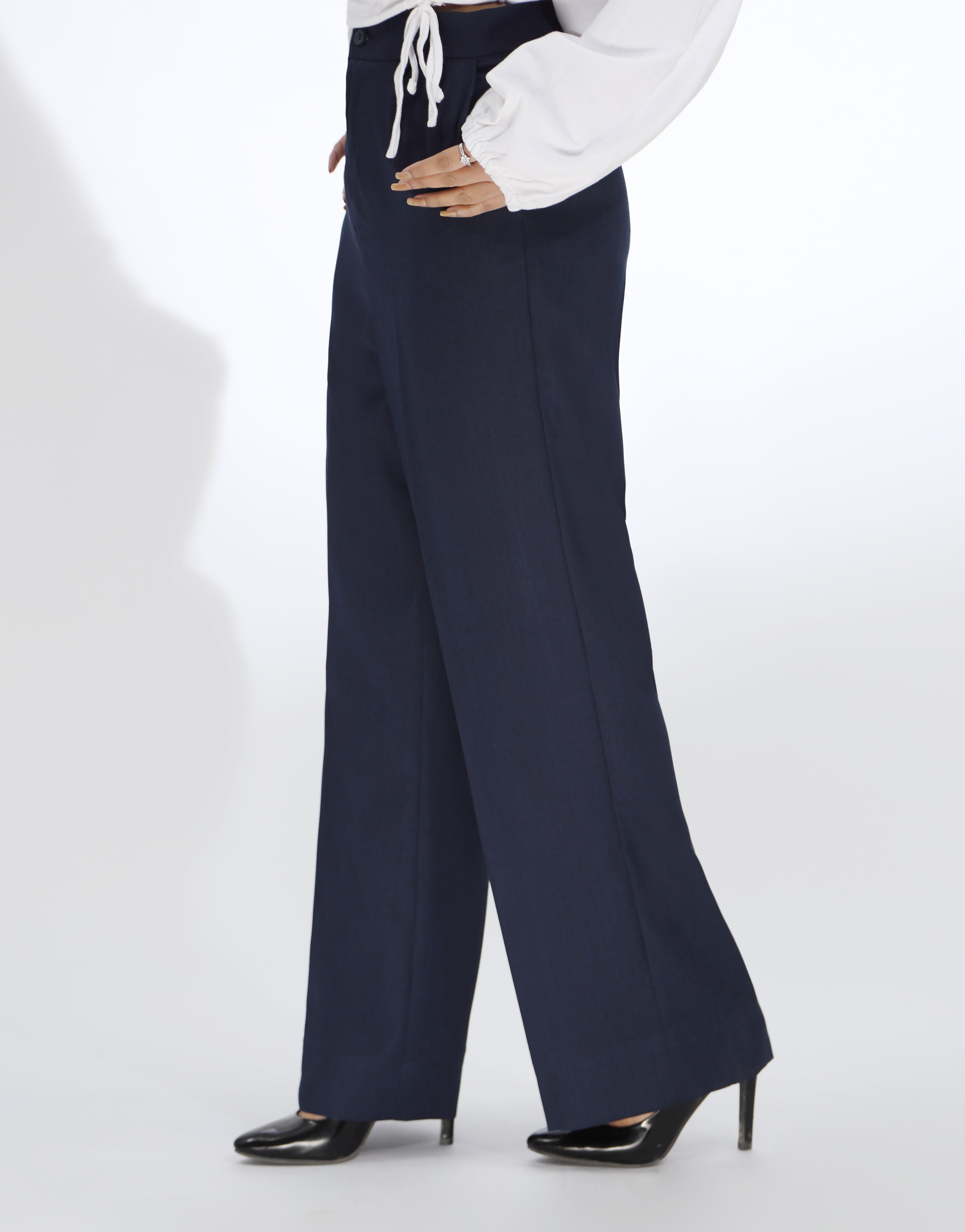 Wide Leg Pleated Dress Pants Navy Blue