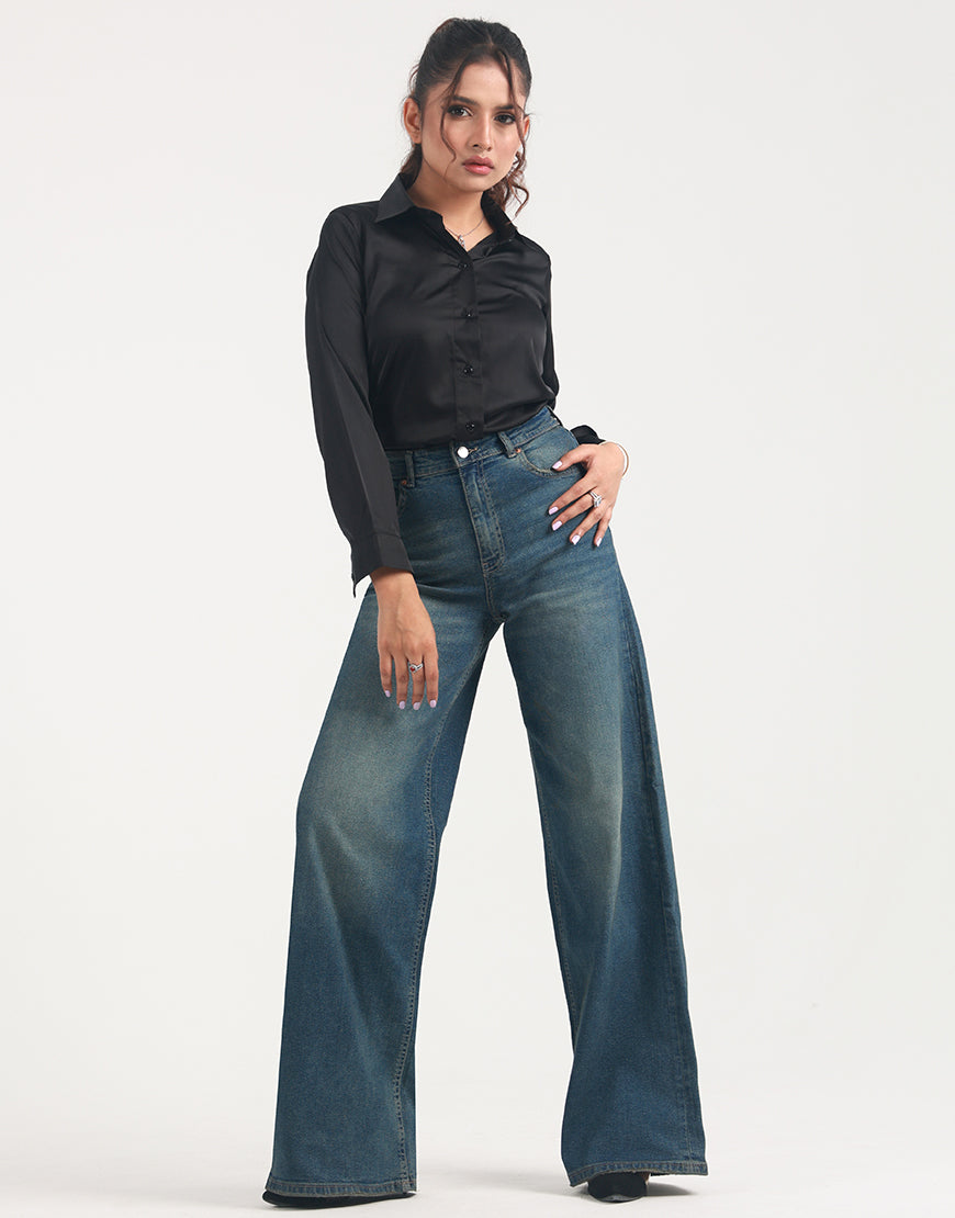 High Rise Wide Leg Faded Jeans Dark Wash