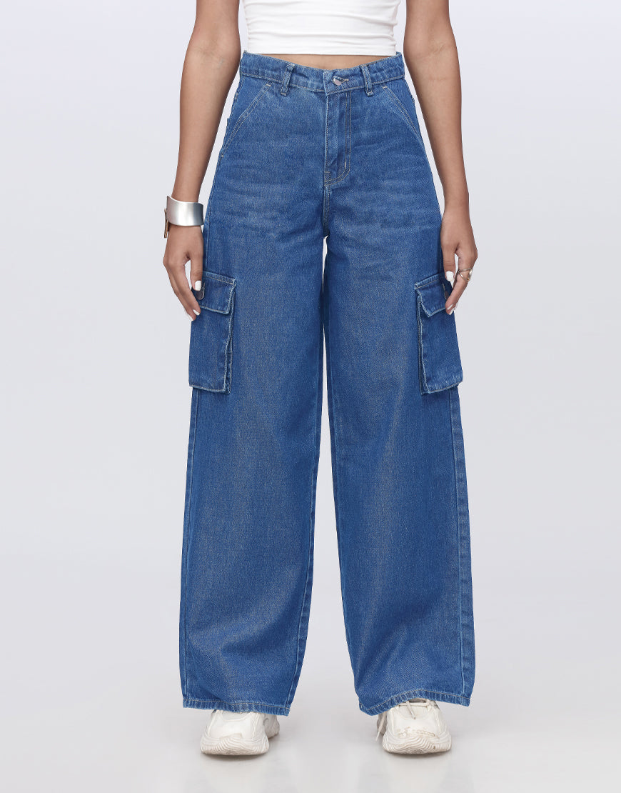 High Rise Wide Leg Cargo Jeans Stone Blue Minor Fault