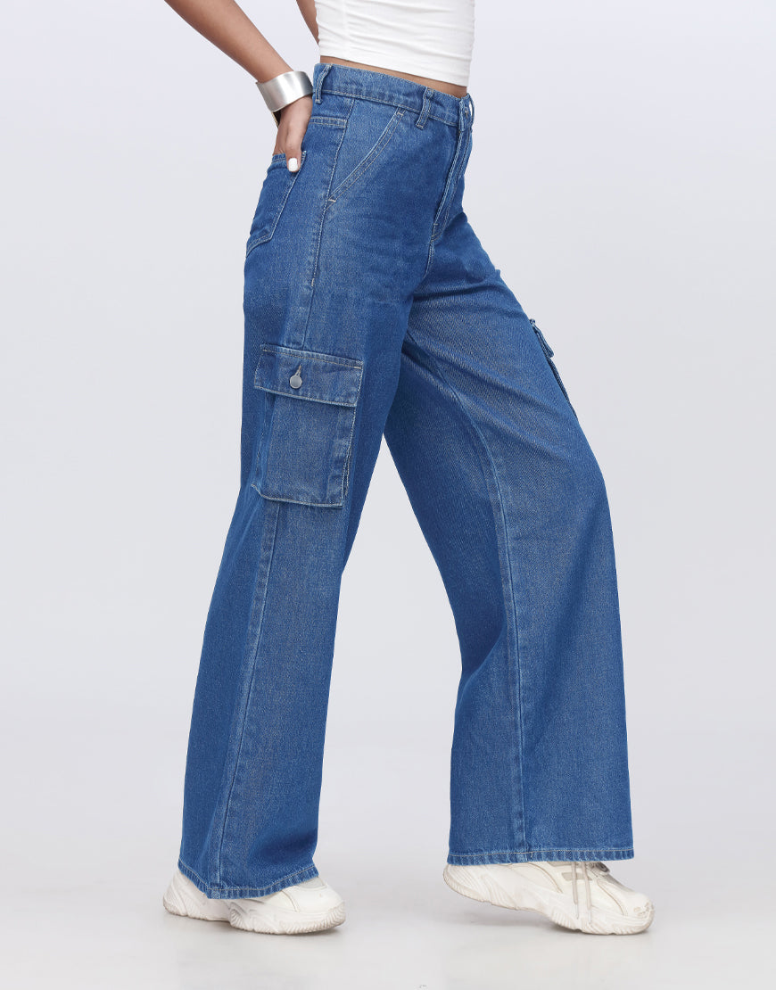 High Rise Wide Leg Cargo Jeans Stone Blue Minor Fault