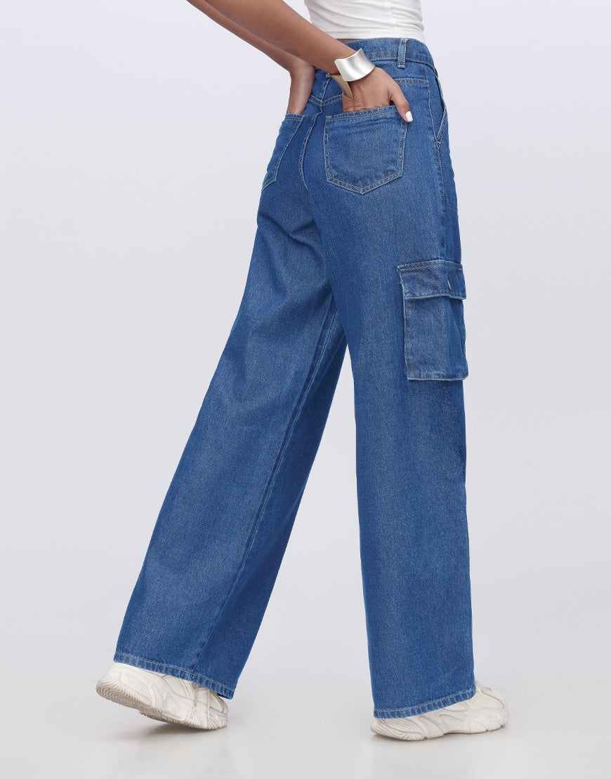 High Rise Wide Leg Cargo Jeans Stone Blue Minor Fault