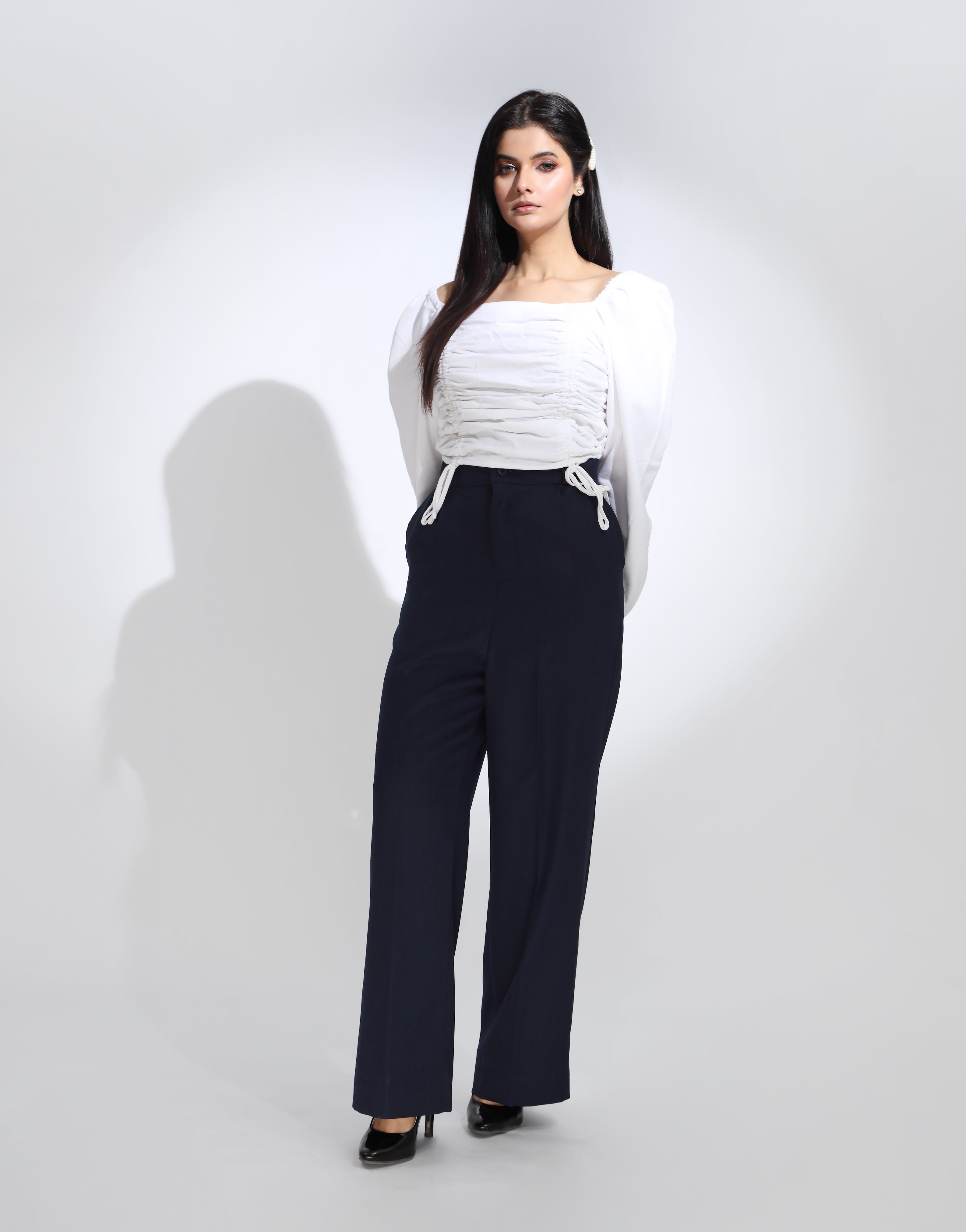 Wide Leg Pleated Dress Pants Navy Blue