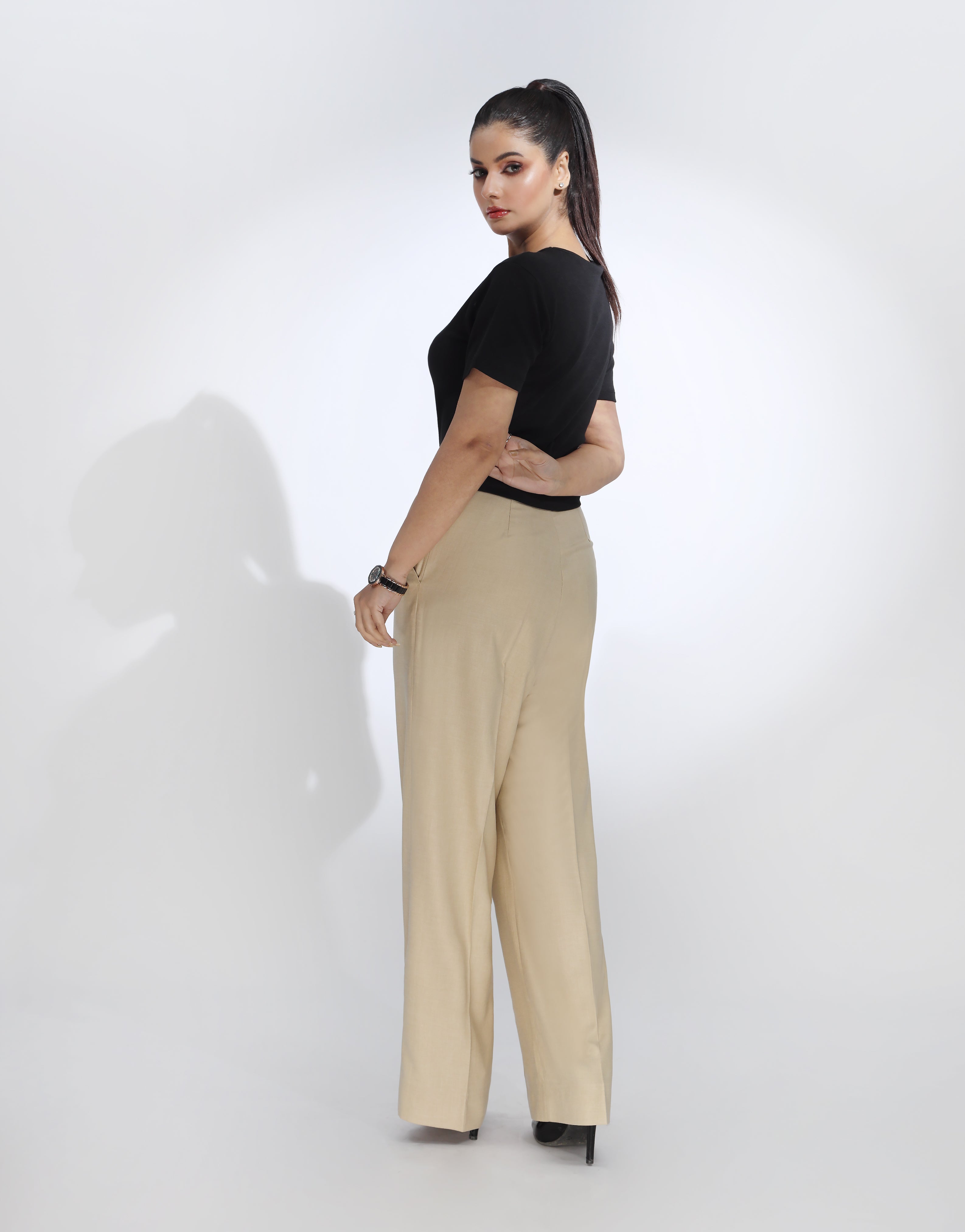 Mended Grace (Side Pleated Wide Leg Dress Pants Light Beige)