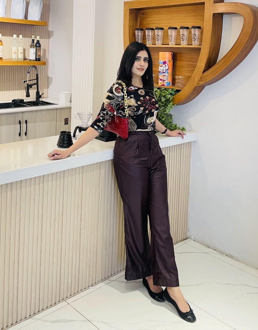Wide Leg Box Pleated Dress Pants Burgundy