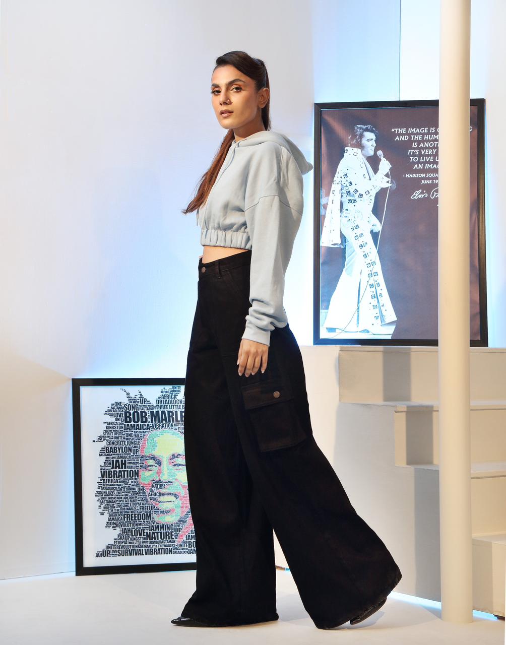 Wide Leg Flap Pocket Cargo Jeans Jet Black