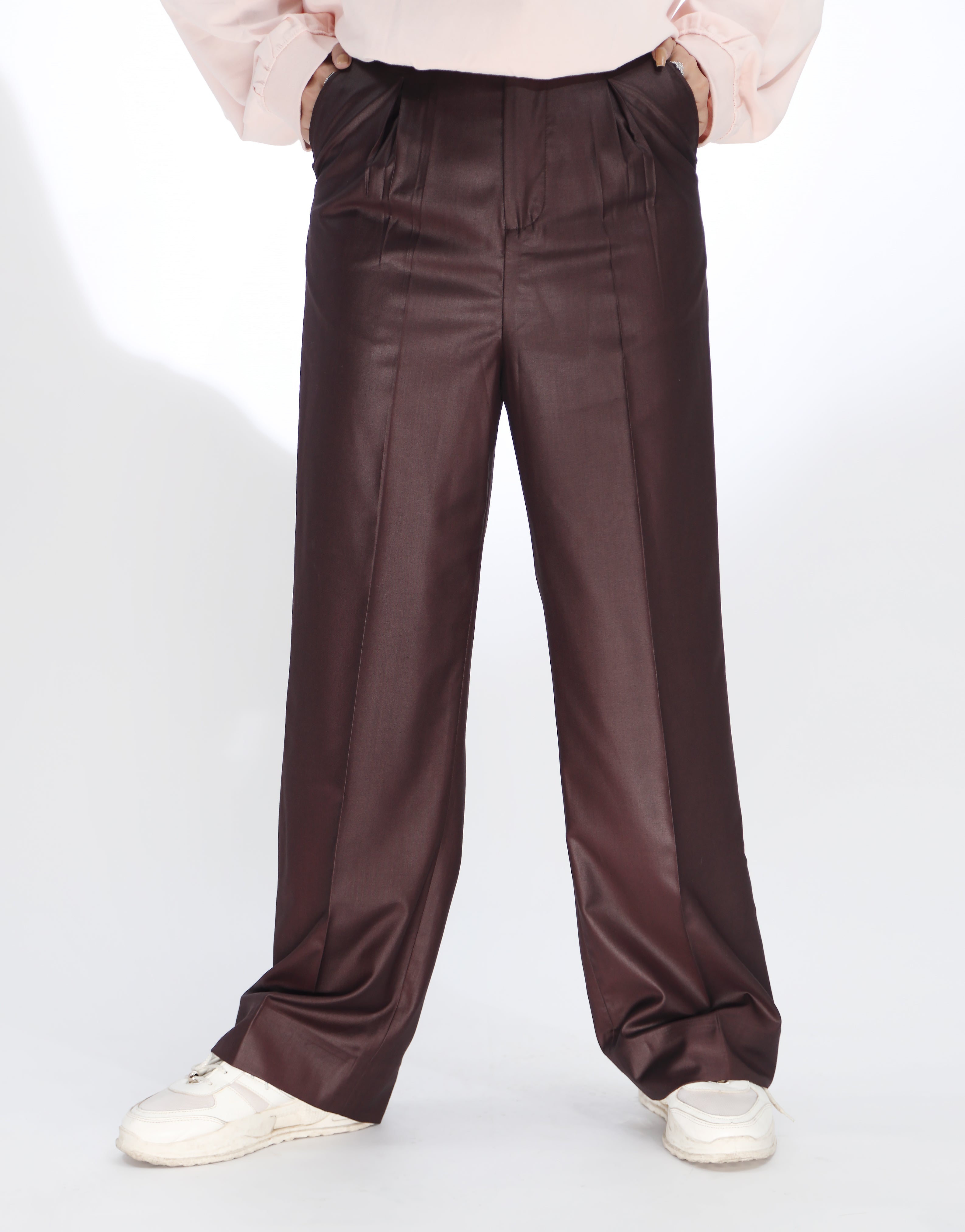 Wide Leg Box Pleated Dress Pants Burgundy