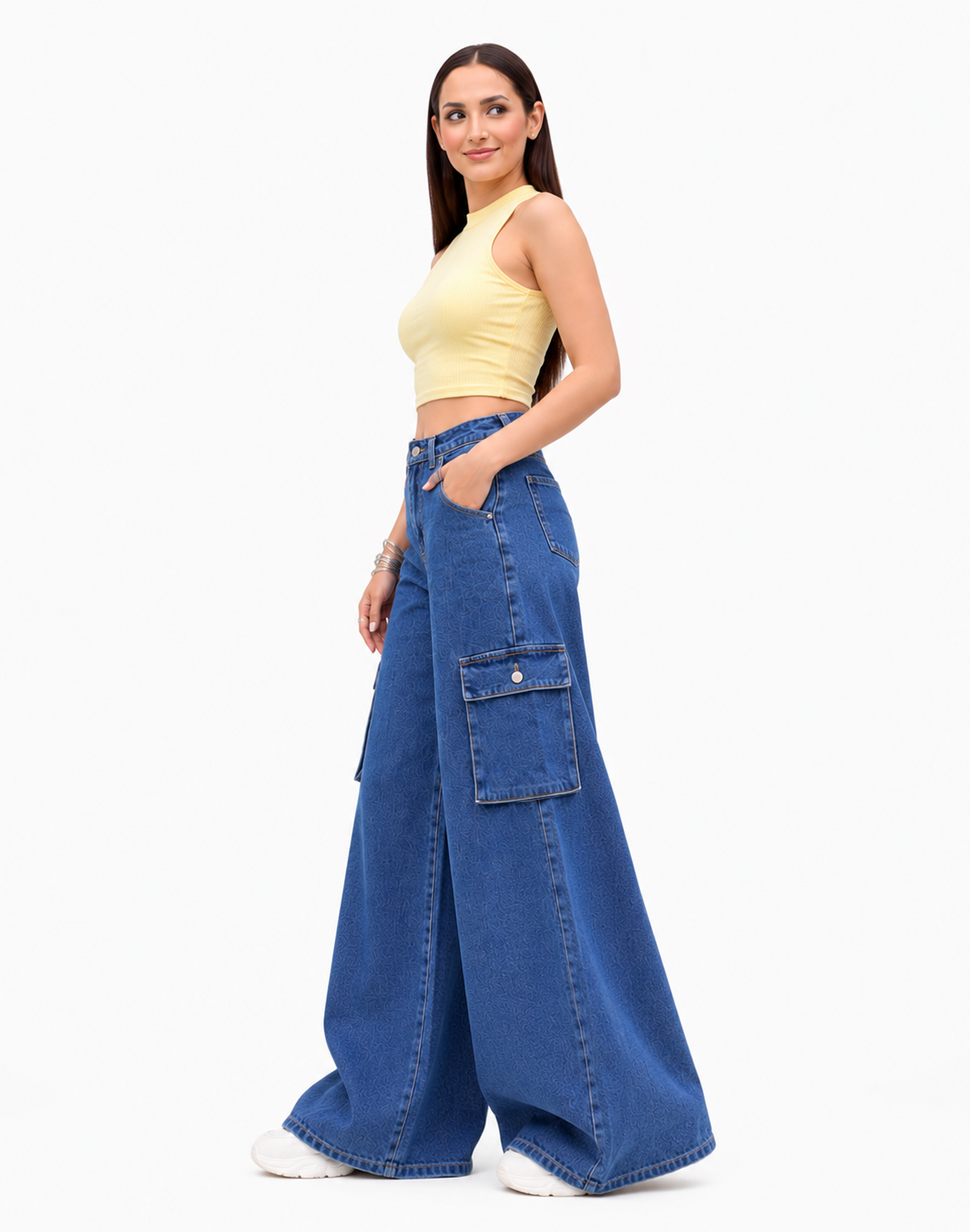Super High Rise Wide Leg Cargo Jeans Stone Blue