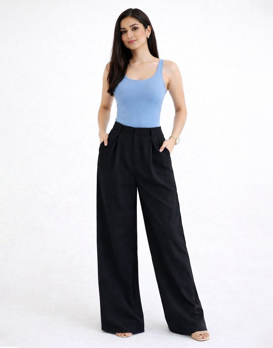 Super Wide Pleated Georgette Pants Black