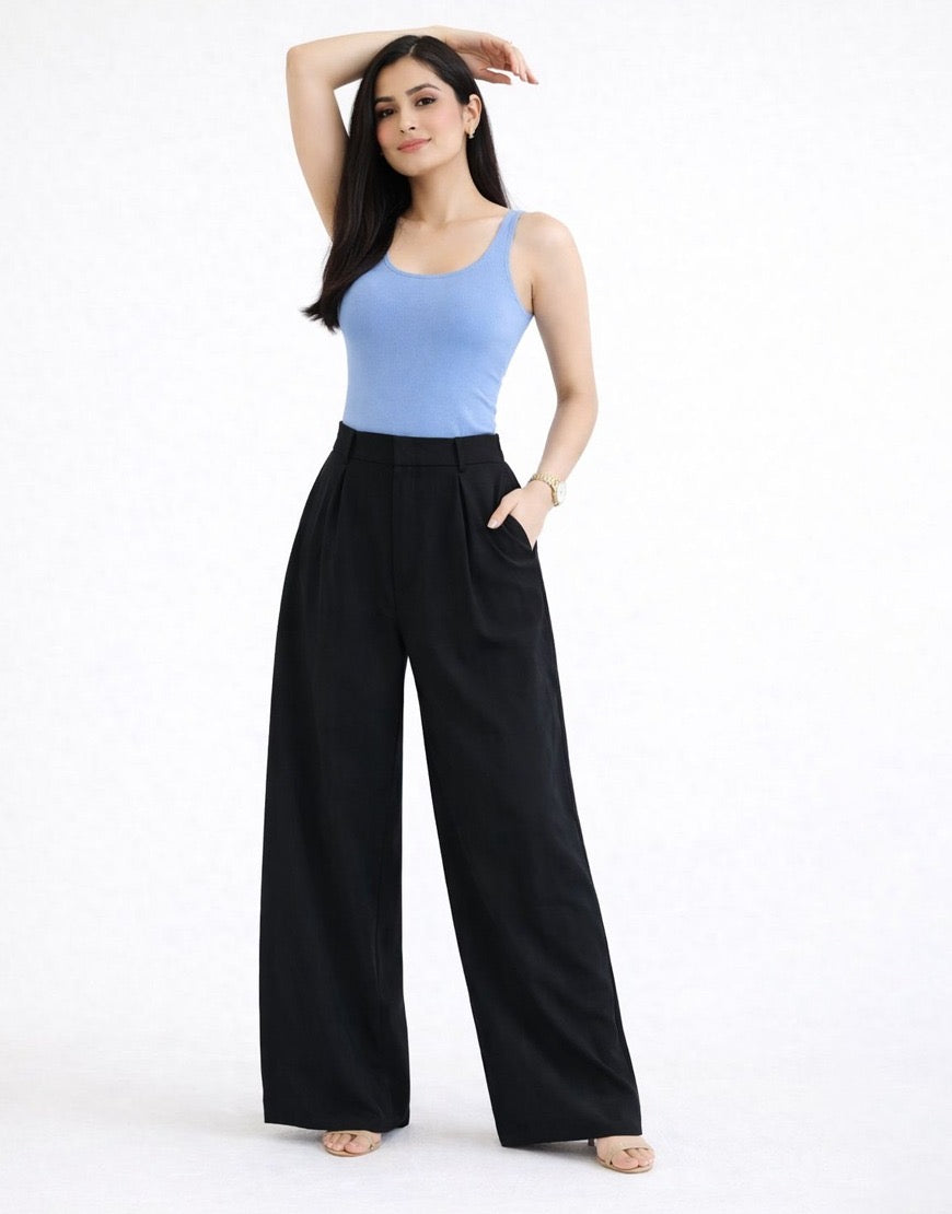 Super Wide Pleated Georgette Pants Black