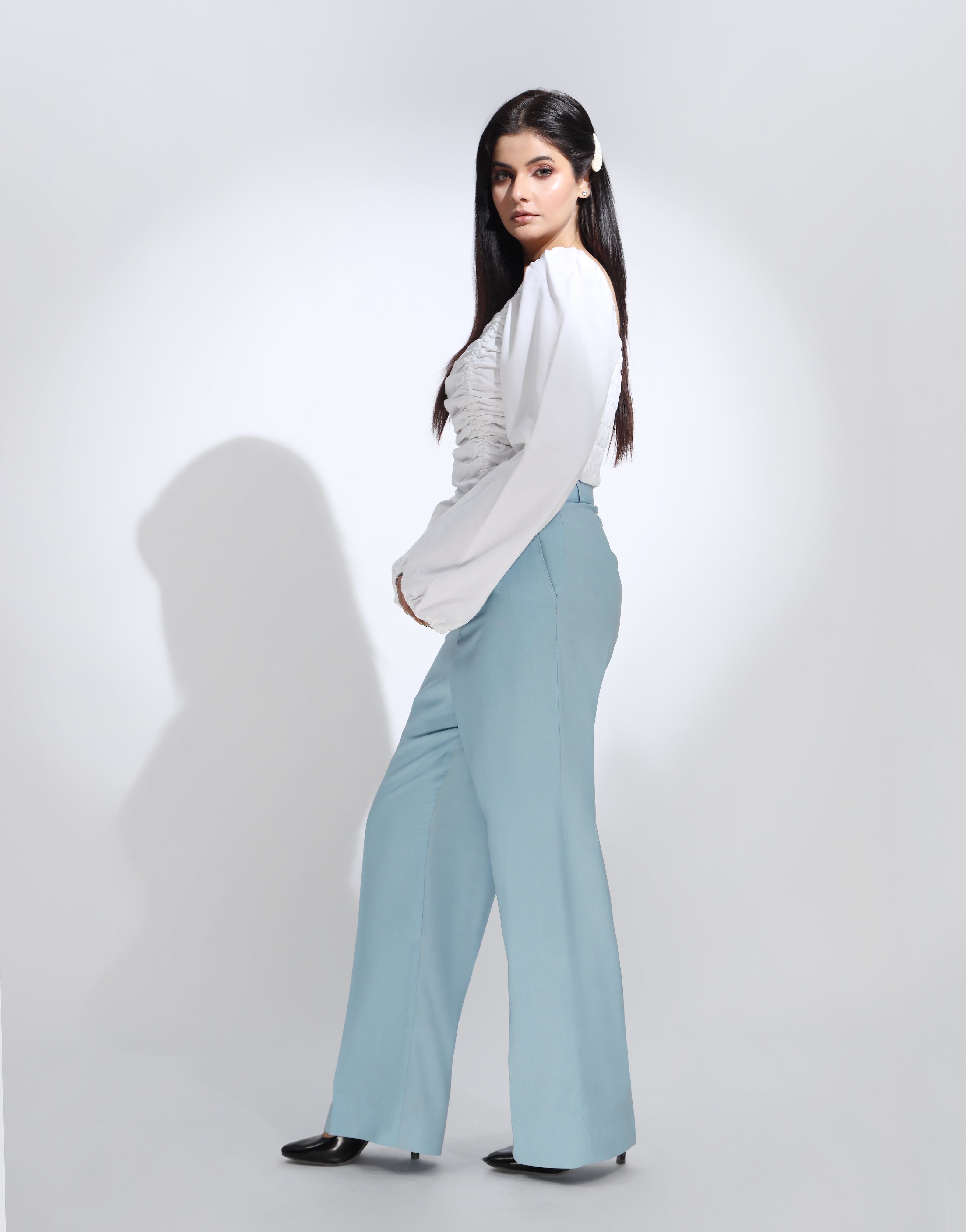 Wide Leg Side Pleated Dress Pants Sky