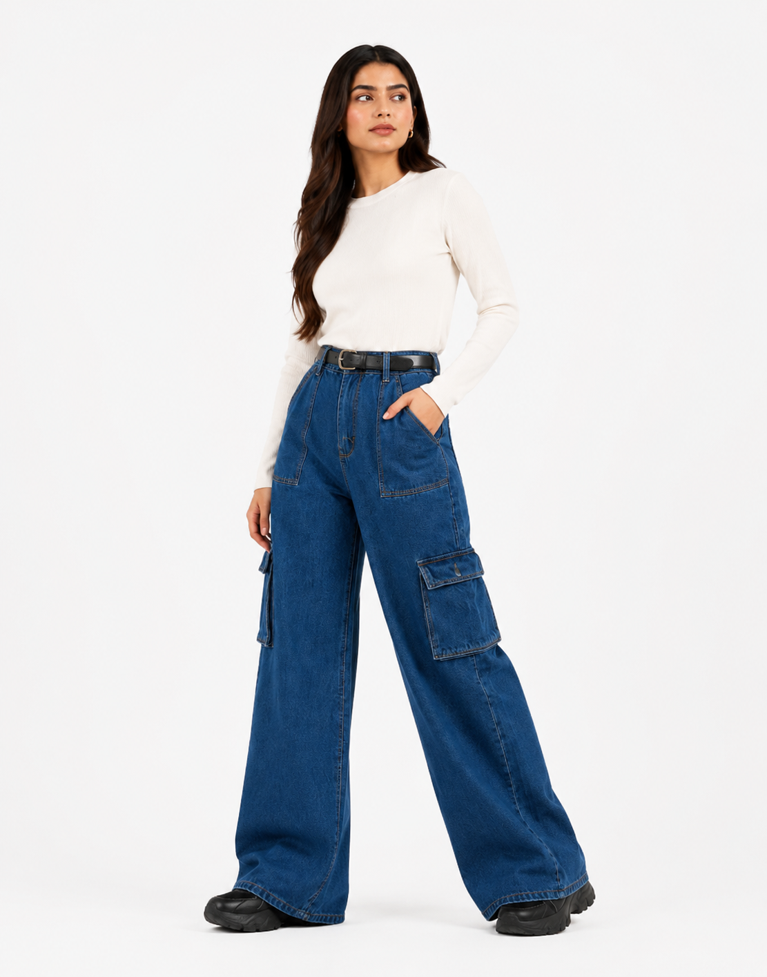 Wide Leg Flap Pocket Cargo Jeans Navy Blue