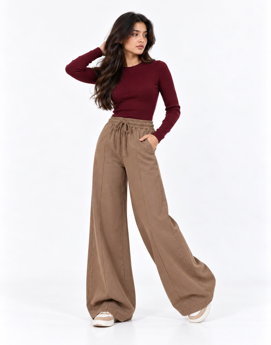 Taupe brown wide-leg linen drawstring trouser second pose