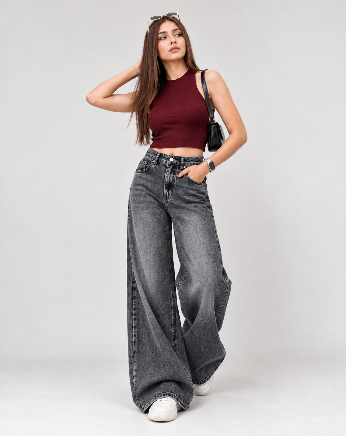 Wide Leg Faded Jeans Dark Grey