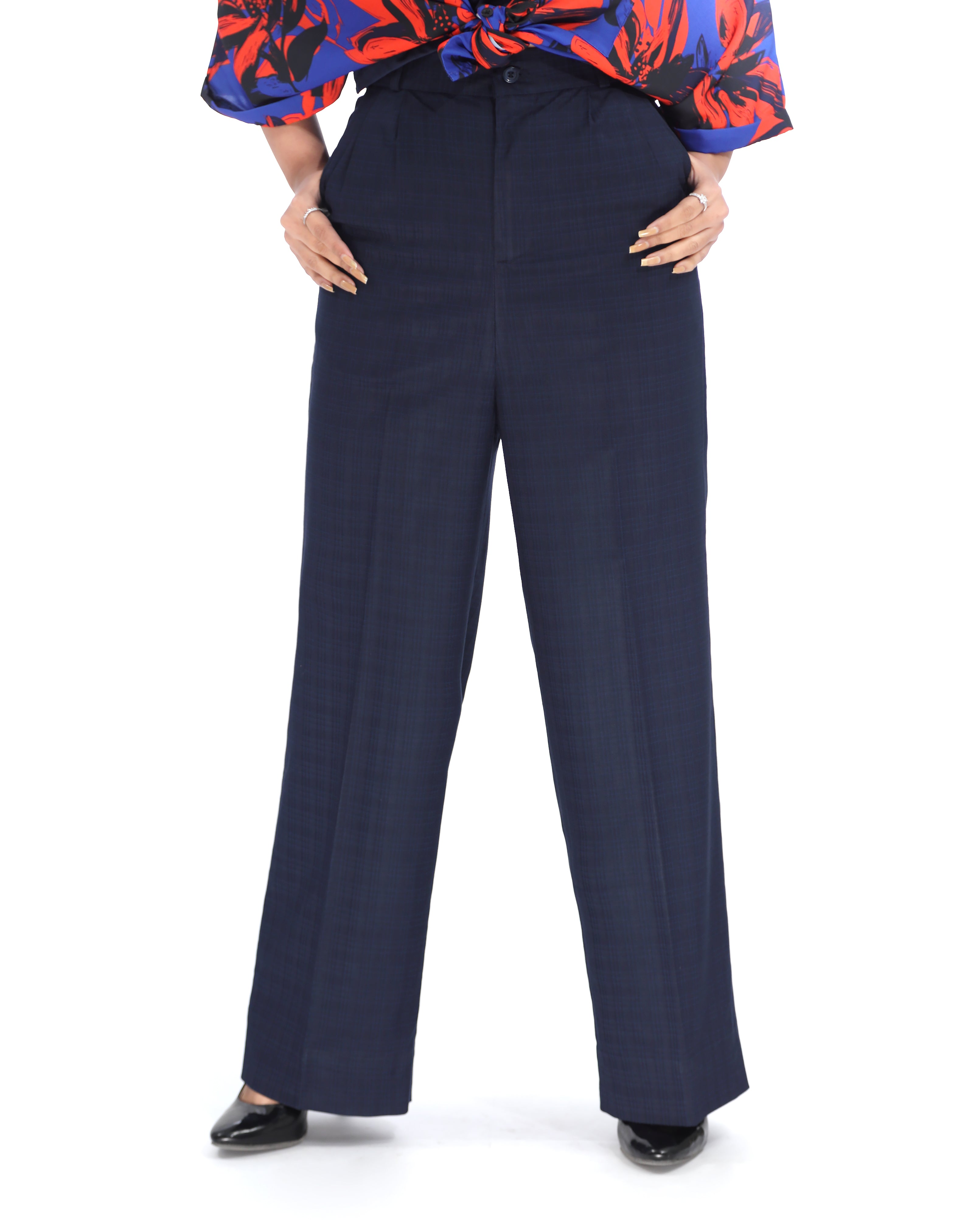 Wide Leg Checked Dress Pant Navy Blue