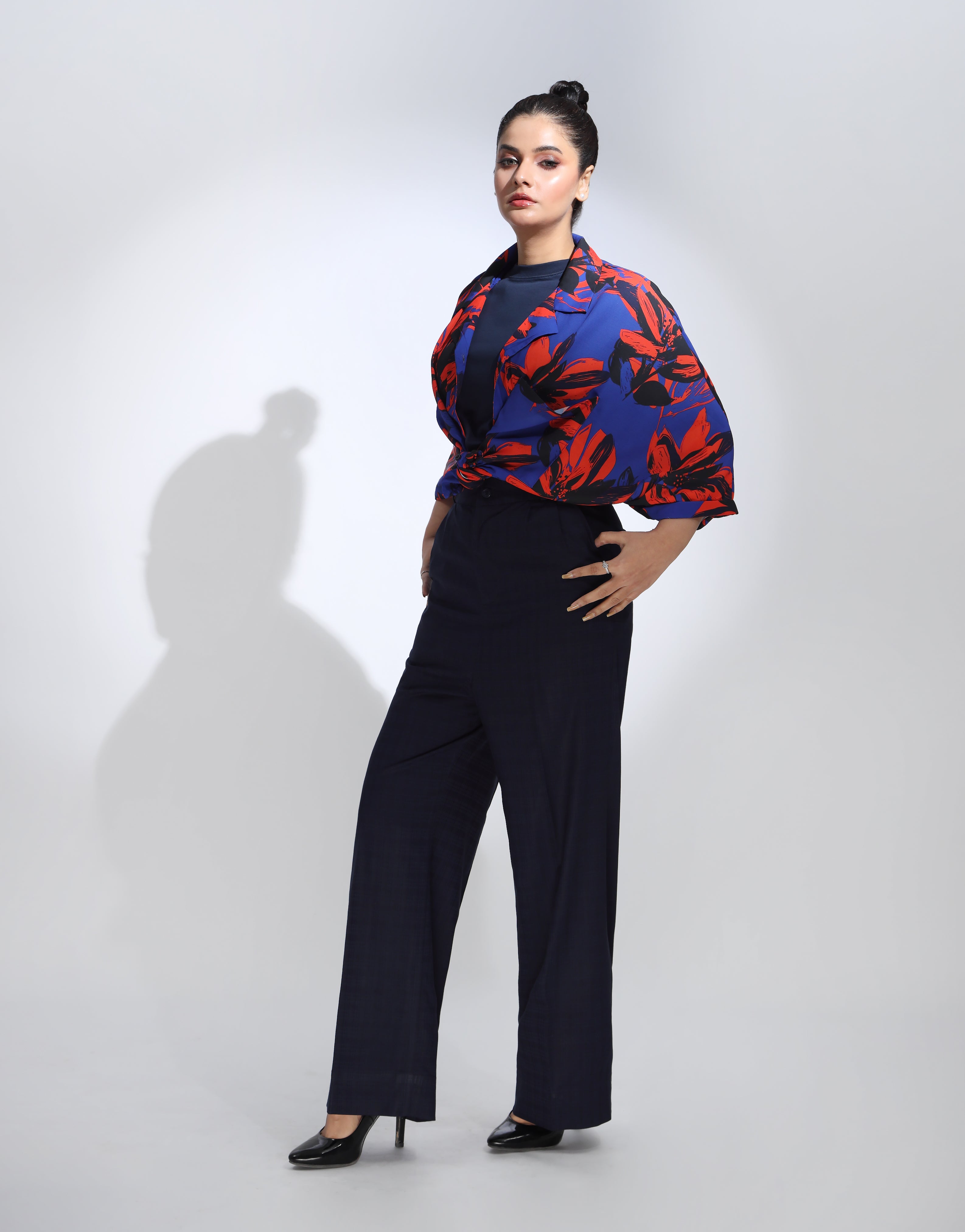 Wide Leg Checked Dress Pant Navy Blue