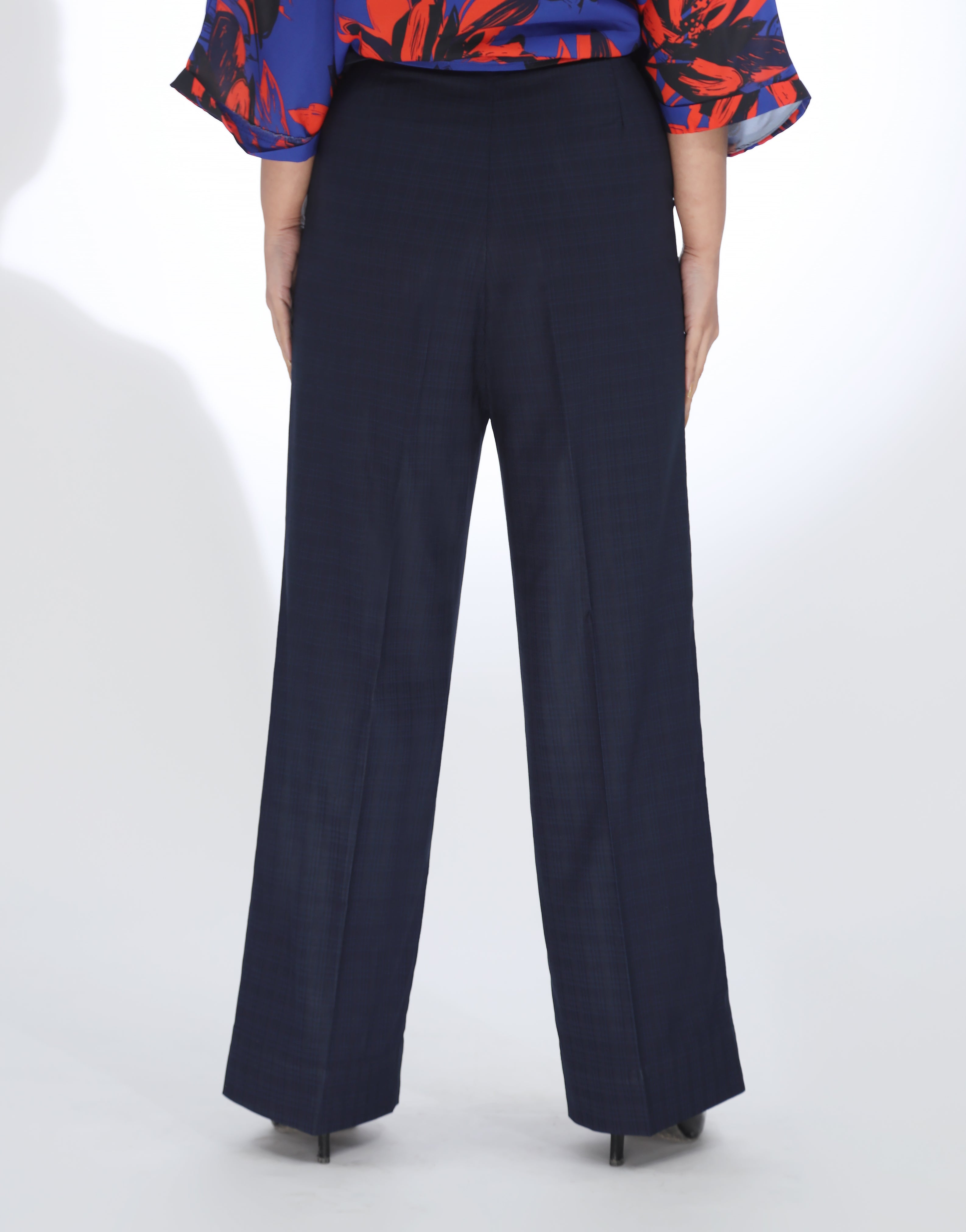 Wide Leg Checked Dress Pant Navy Blue