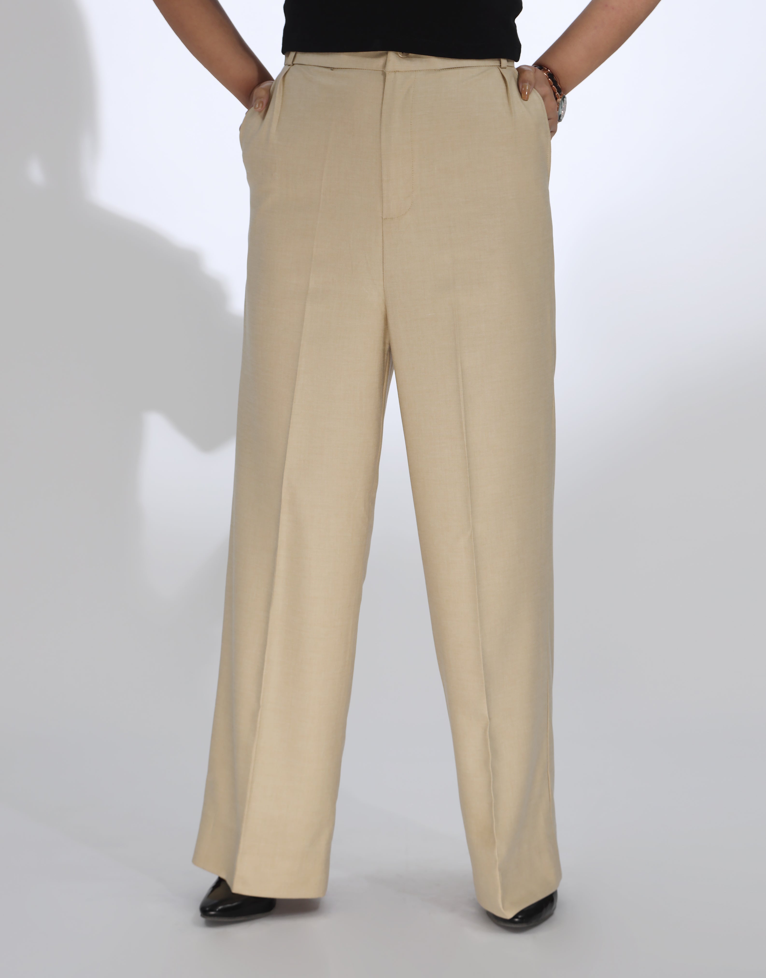 Mended Grace (Side Pleated Wide Leg Dress Pants Light Beige)