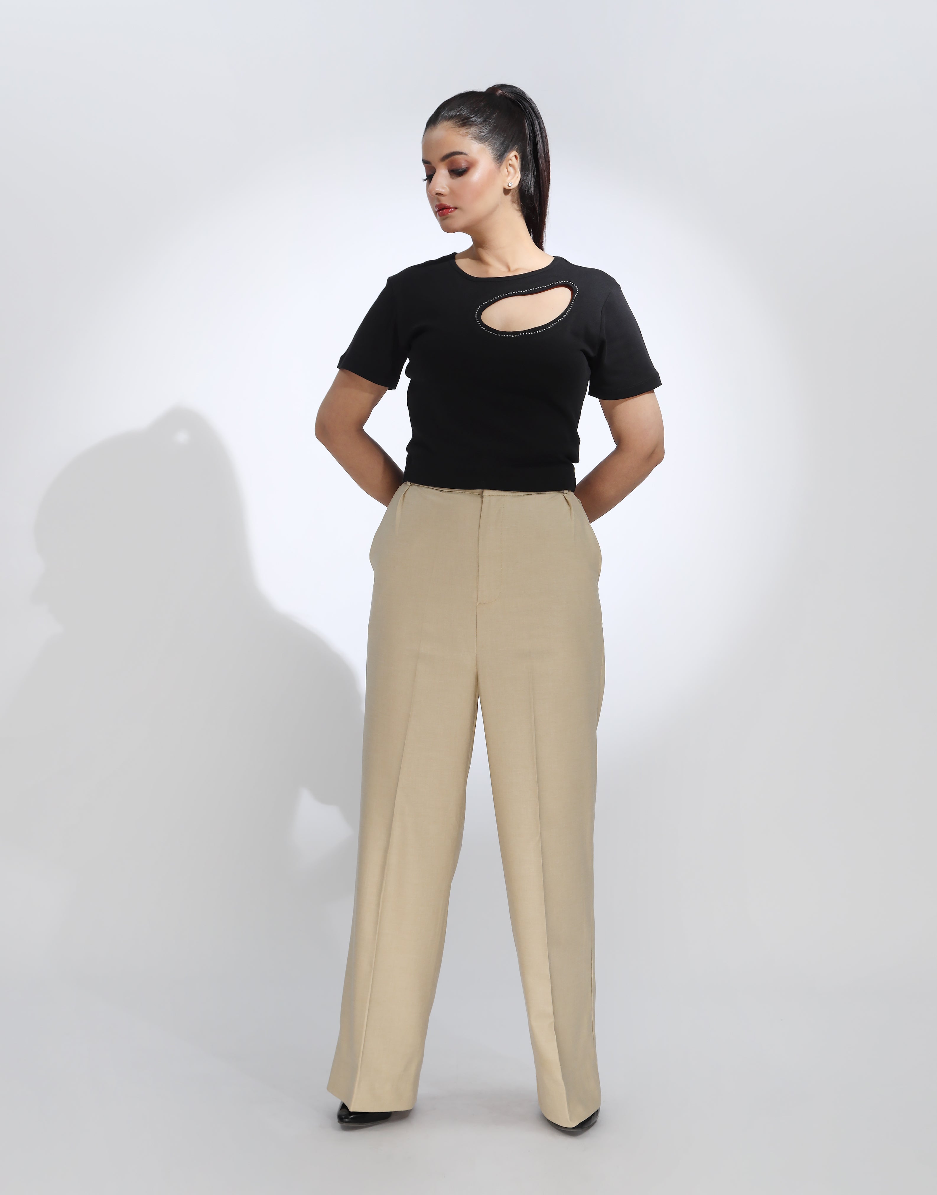 Mended Grace (Side Pleated Wide Leg Dress Pants Light Beige)