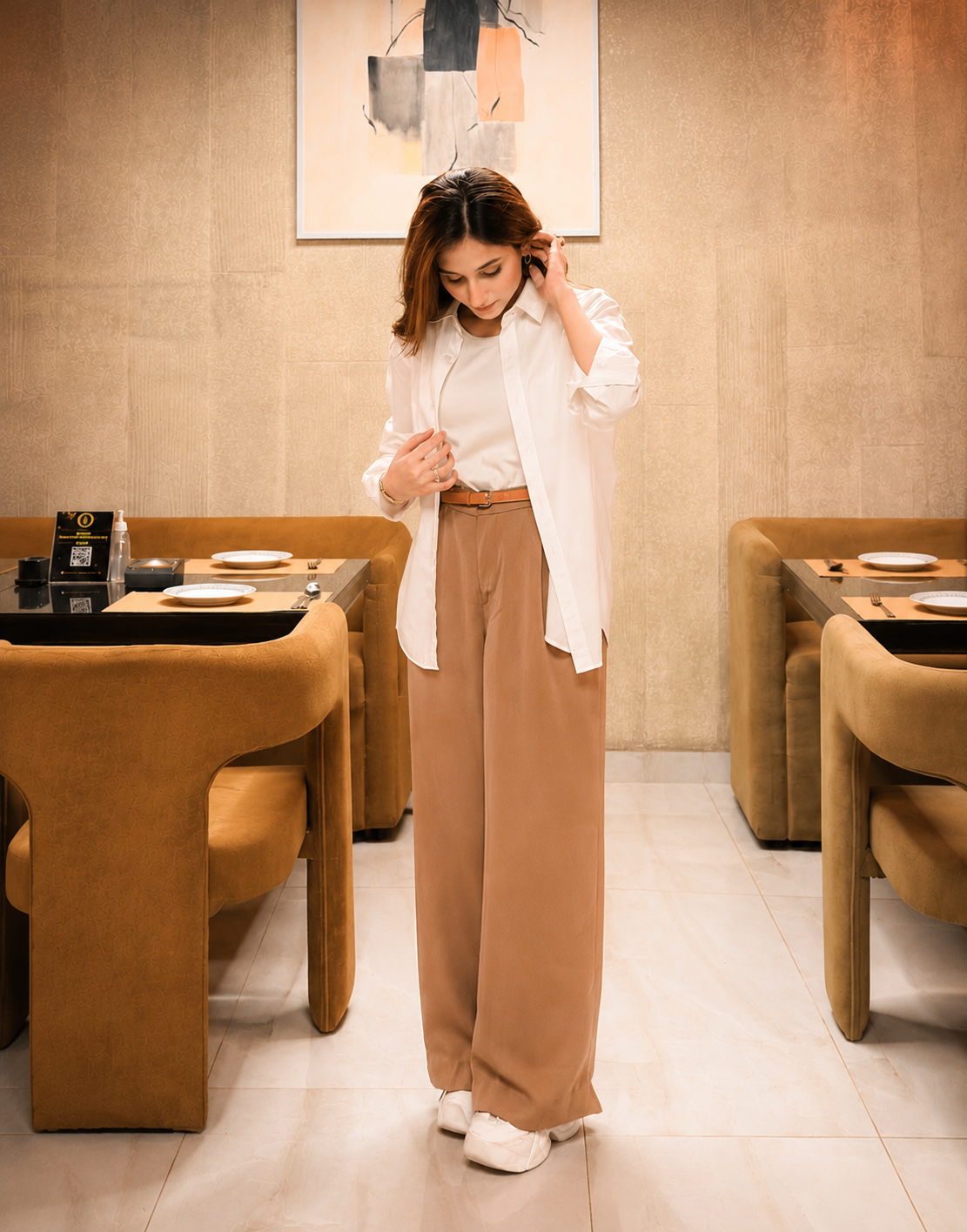 Beige Wide Leg Pants