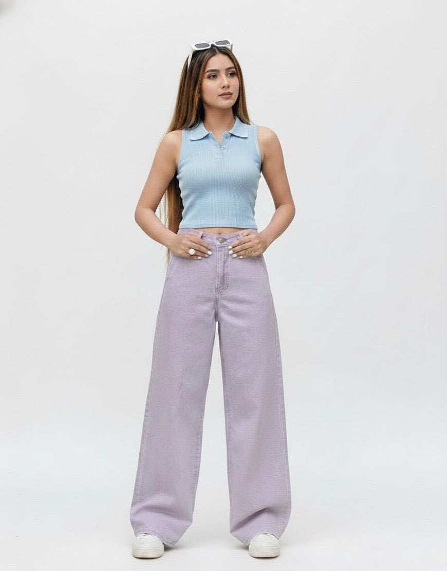 High Rise Wide Leg Twill Pants Stretch in Lilac