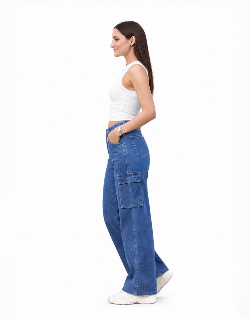 High Rise Wide Leg Cargo Jeans Stone Blue Minor Fault