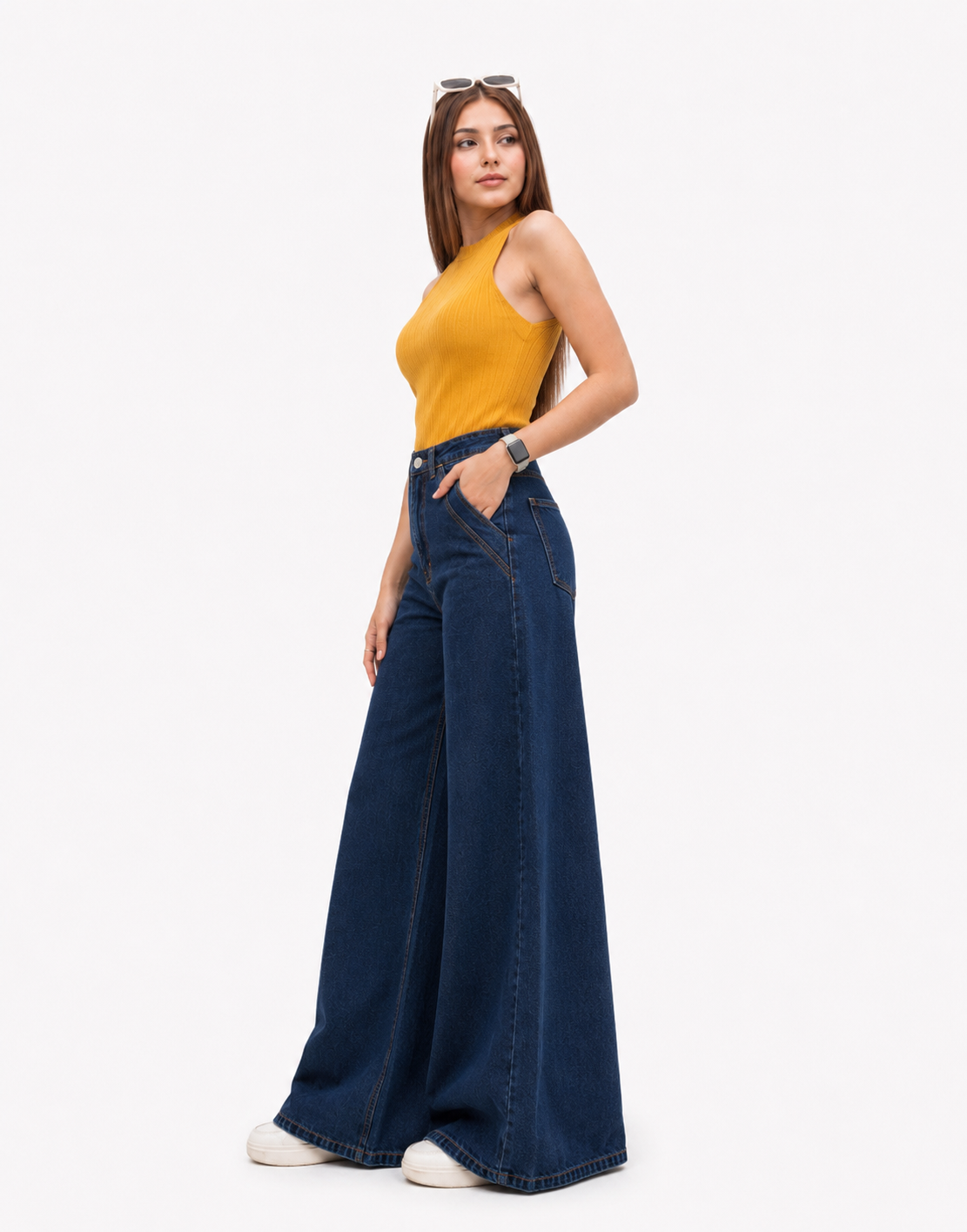 High Rise Wide Leg Cross Pocket Jeans Navy Blue