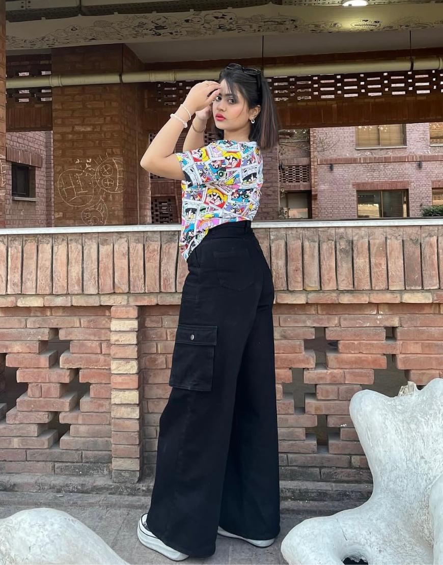 Wide Leg Flap Pocket Cargo Jeans Jet Black