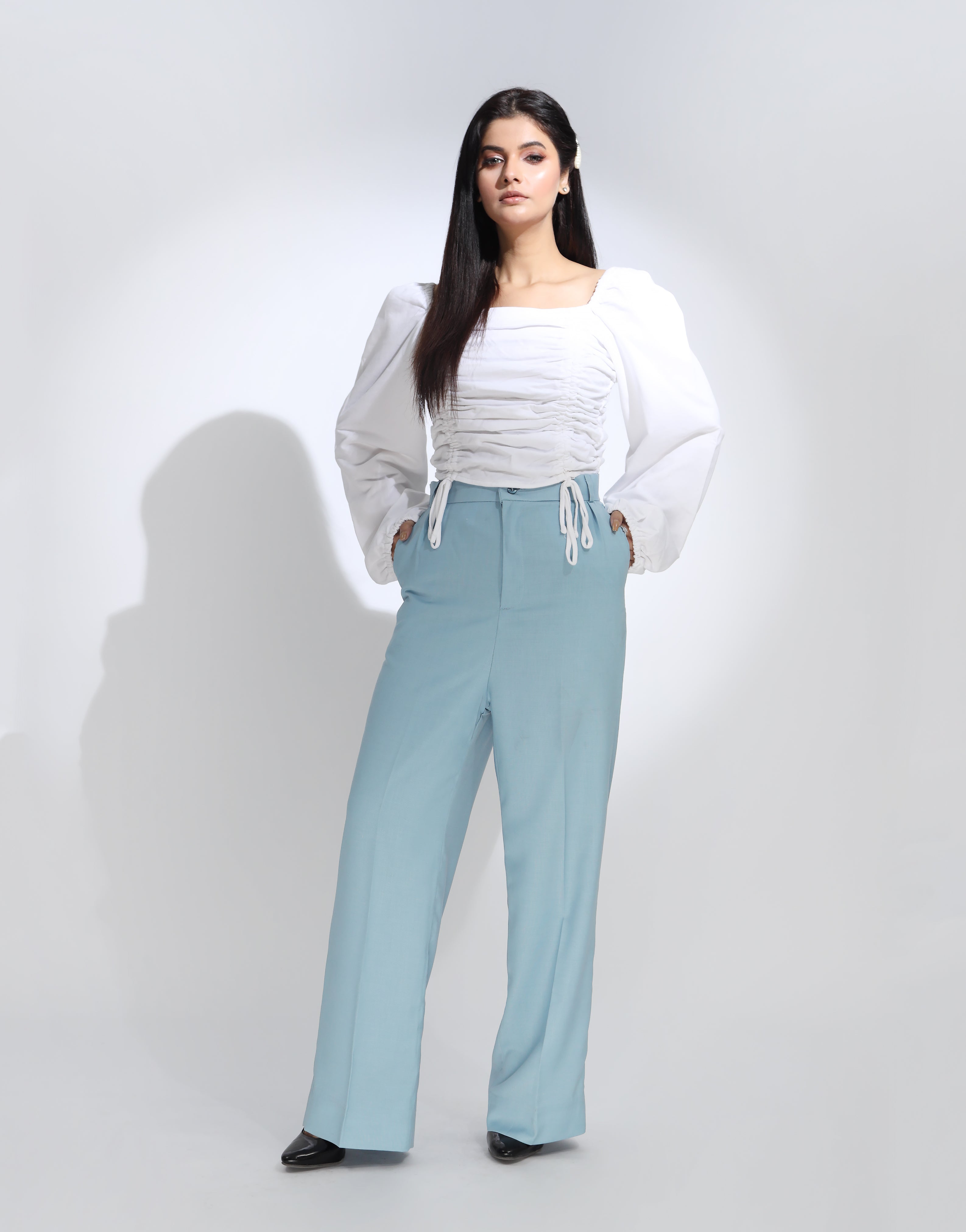 Wide Leg Side Pleated Dress Pants Sky