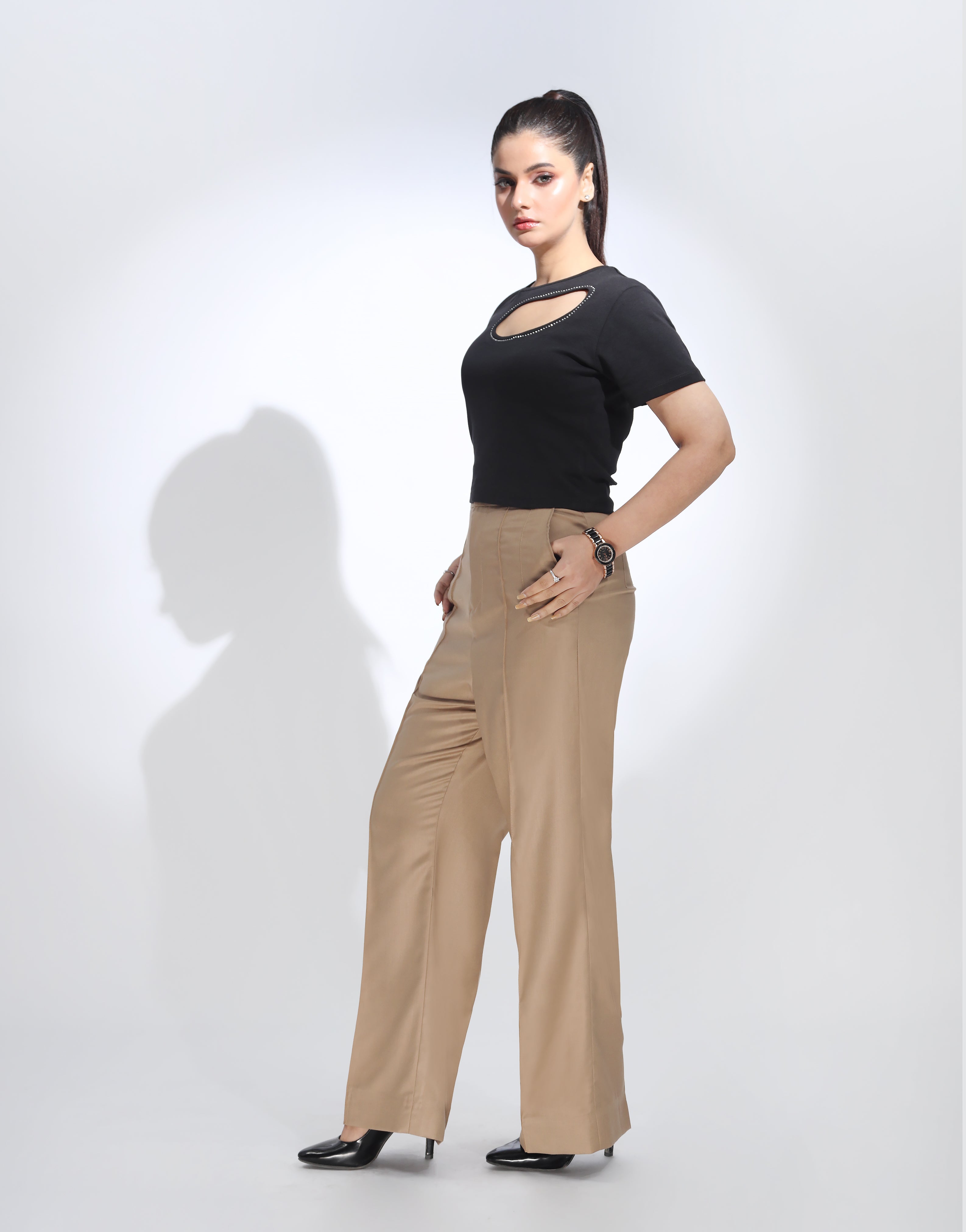 Wide Leg Pleated Formal Pant Beige