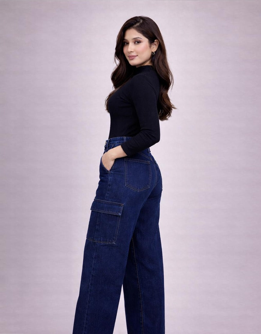 High Rise Wide Leg Cross Pocket Cargo Jeans Royal Blue