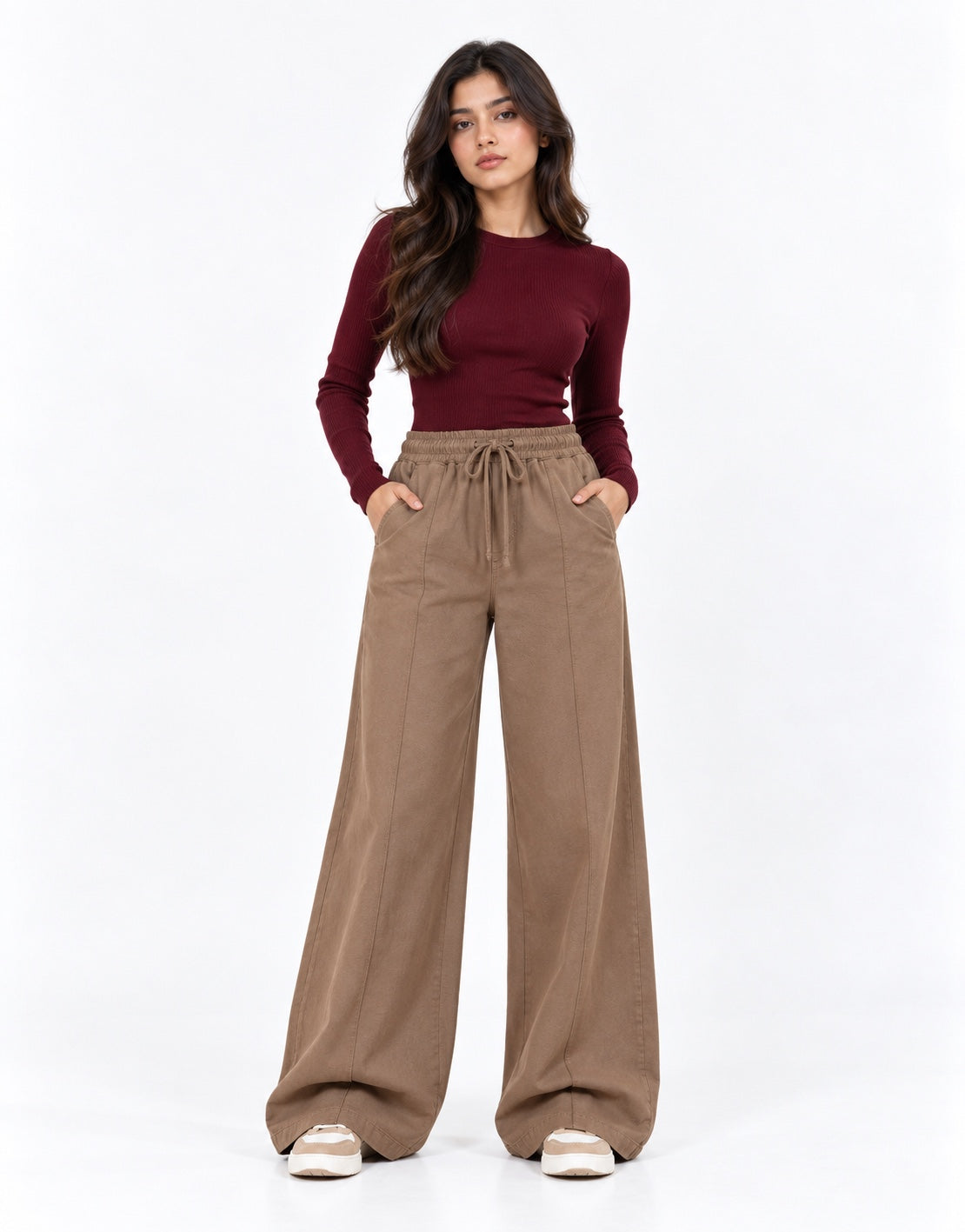 Taupe brown wide-leg linen drawstring trouser front view
