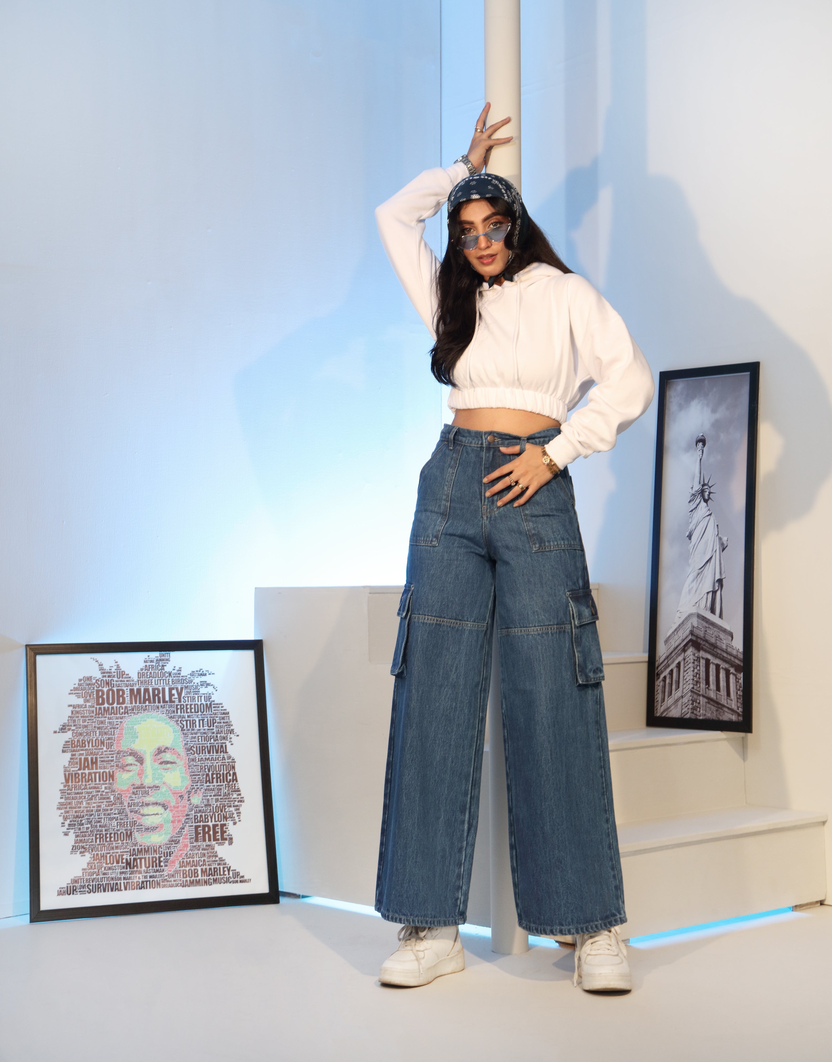 Wide Leg Flap Pocket Cargo Stone Blue