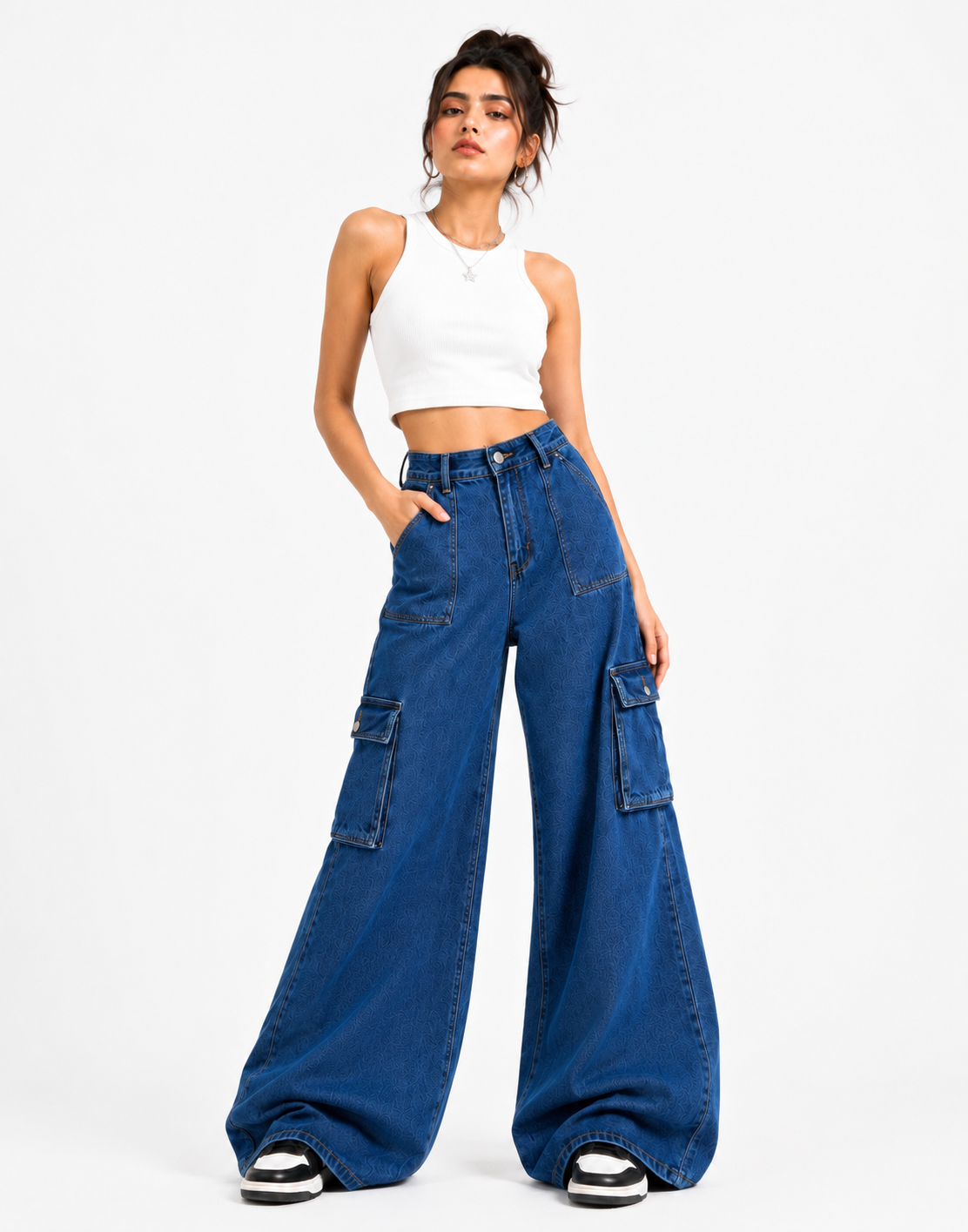 Wide Leg Flap Pocket Cargo Jeans Navy Blue
