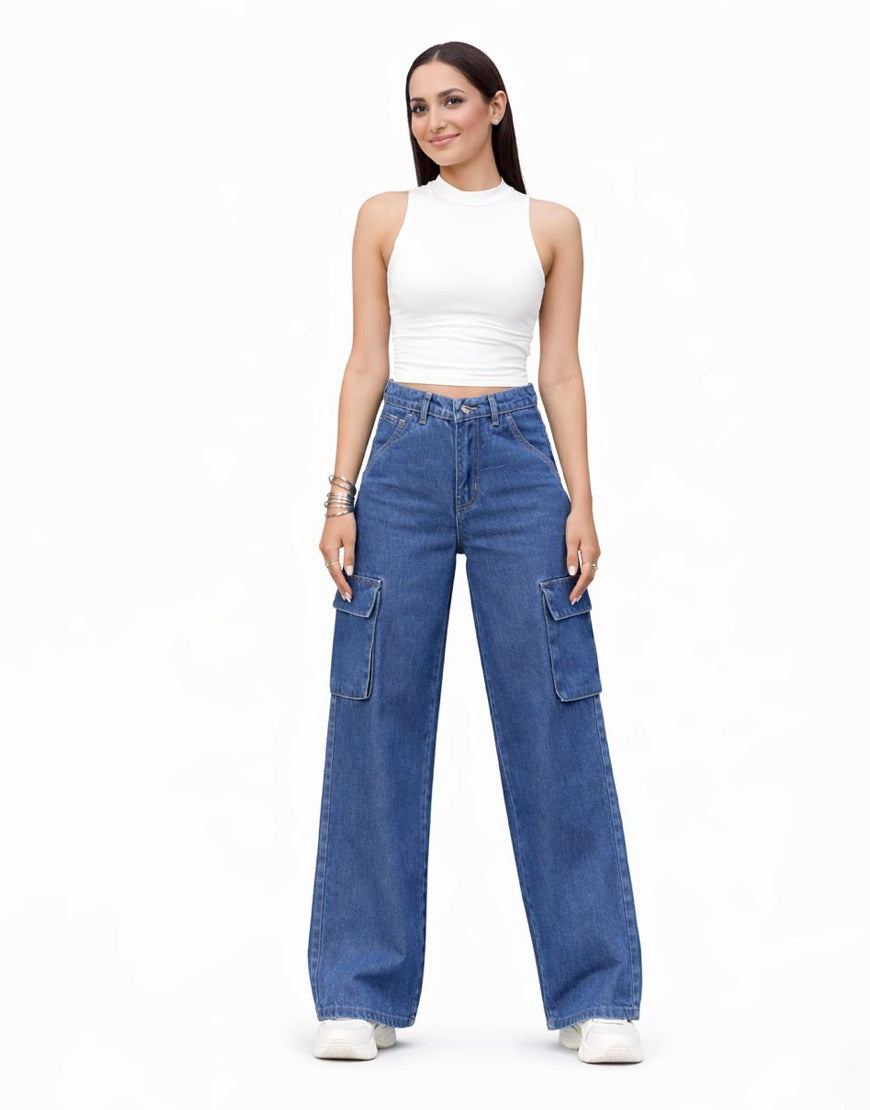 High Rise Wide Leg Cargo Jeans Stone Blue