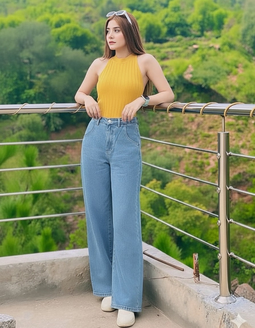 High Rise Wide Leg Cross Pocket Jeans Mid Wash