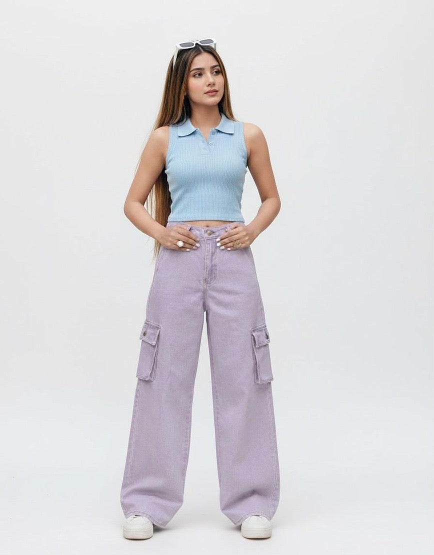 High Rise Wide Leg Cargo Jeans Lilac