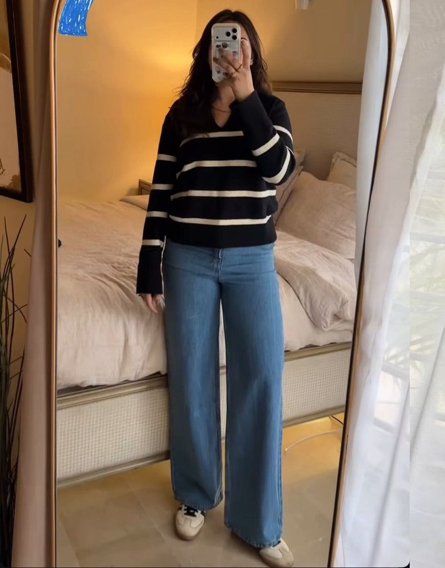 High Rise Cross Pocket Wide Leg Jeans Dark Blue