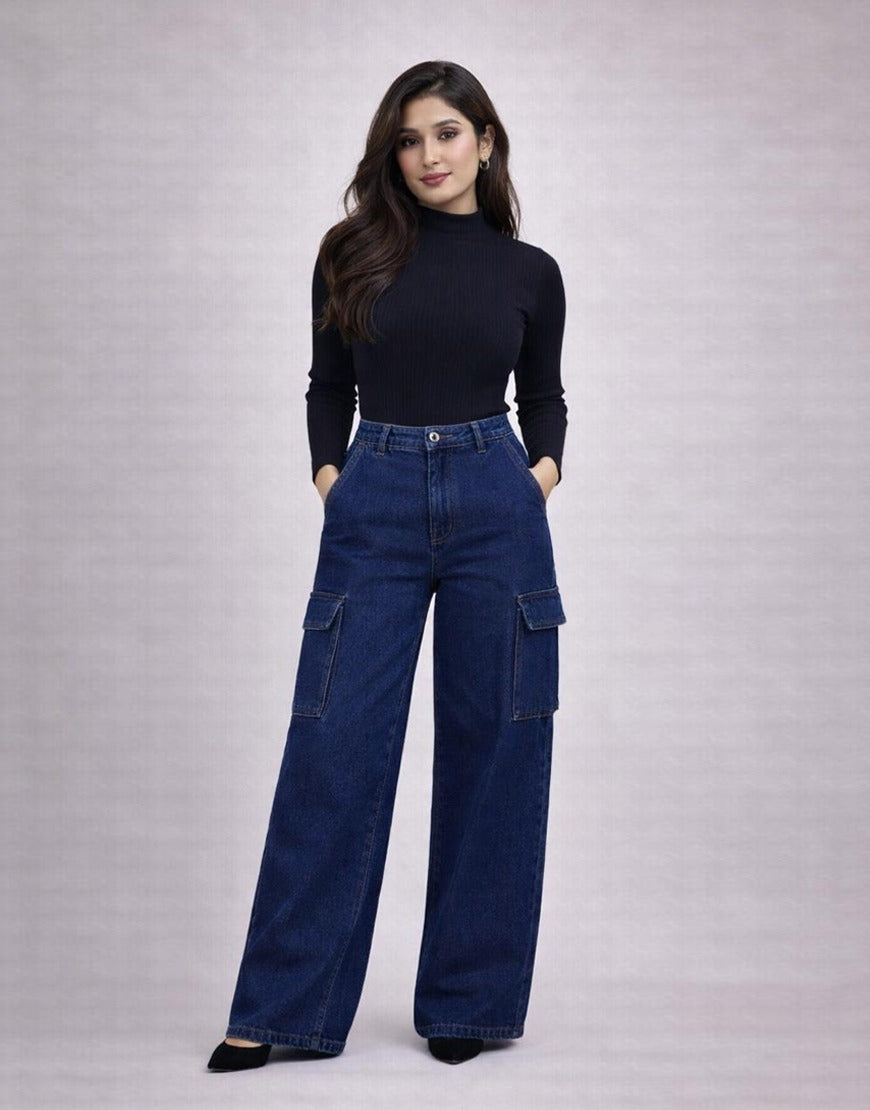 High Rise Wide Leg Cross Pocket Cargo Jeans Royal Blue