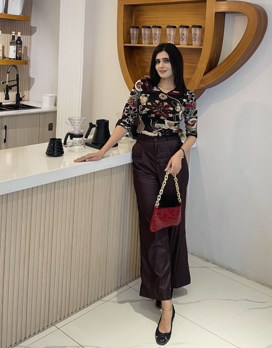 Wide Leg Box Pleated Dress Pants Burgundy