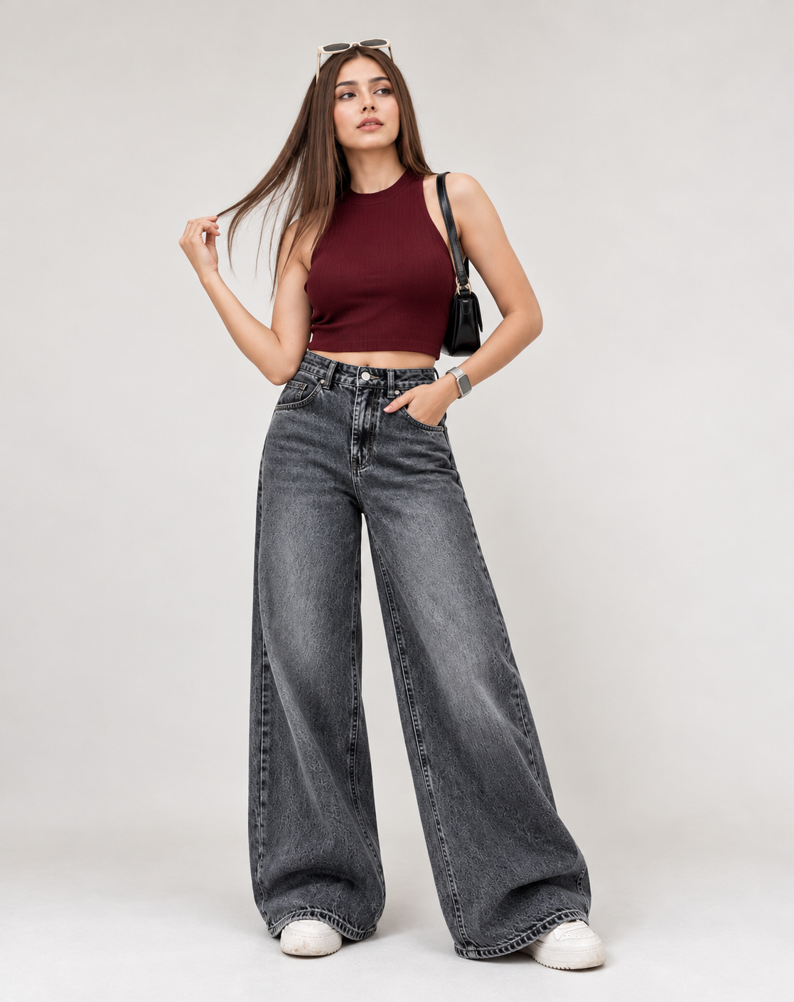 Wide Leg Faded Jeans Dark Grey