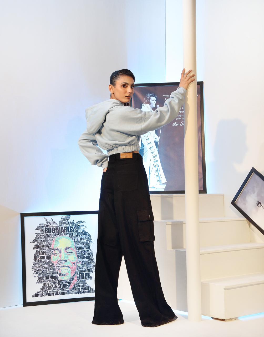 Wide Leg Flap Pocket Cargo Jeans Jet Black