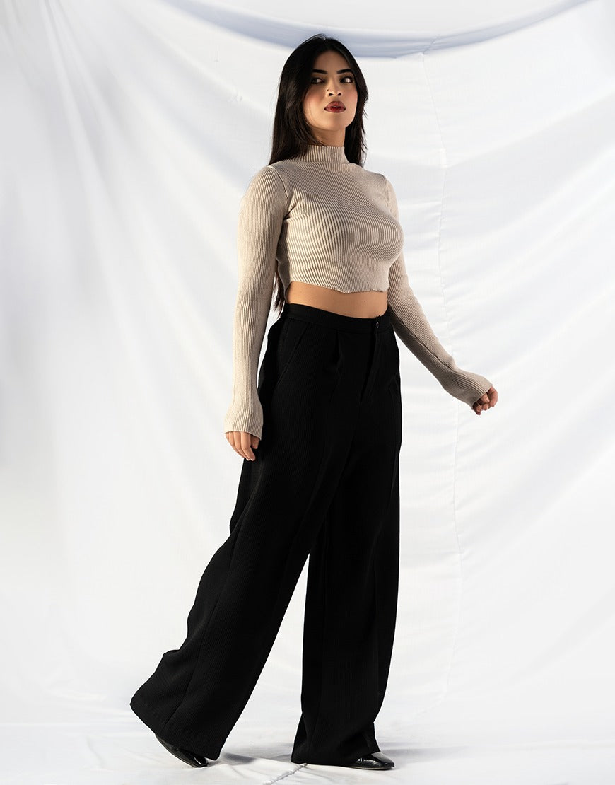 Wide Leg Ribbed Fabric Premium Pants Black