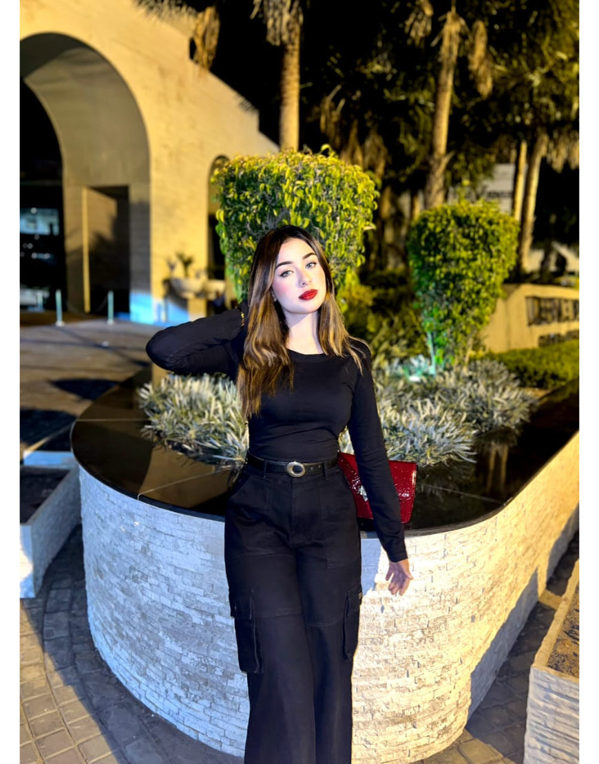 Wide Leg Flap Pocket Cargo Jeans Jet Black