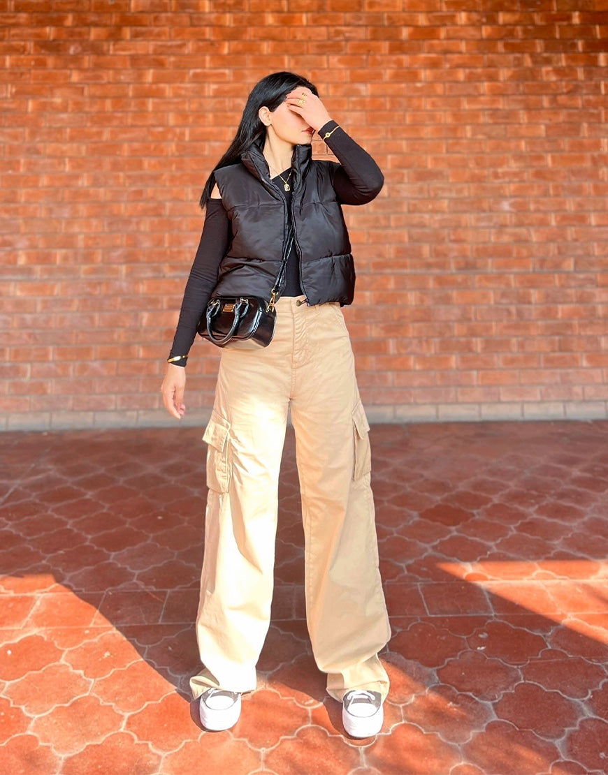 High Rise Wide Leg Cargo Twill Pants Beige