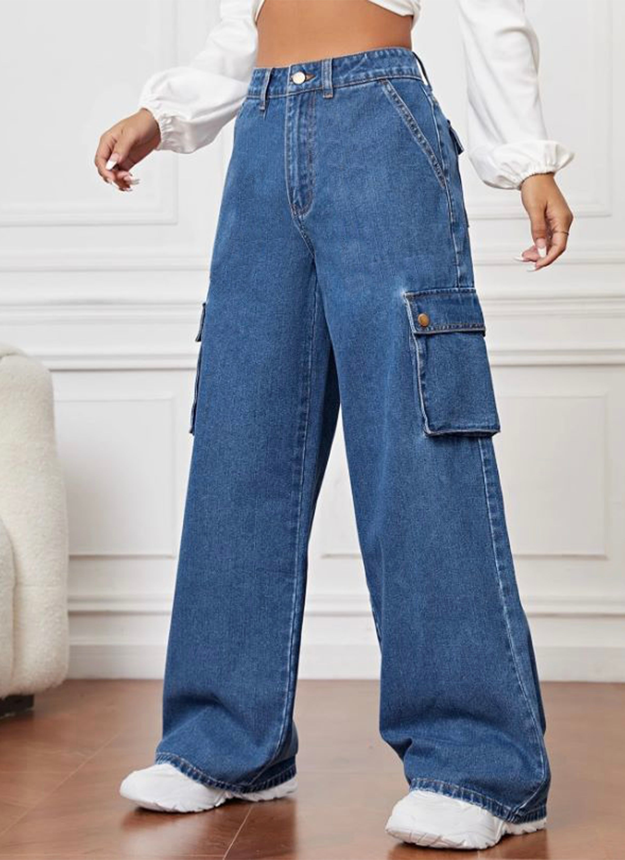 High Rise Wide Leg Cargo Jeans Stone Blue Minor Fault