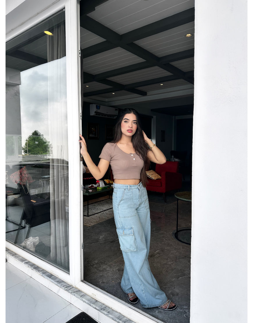 High Rise Wide Leg Flap Pocket Cargo Light Wash