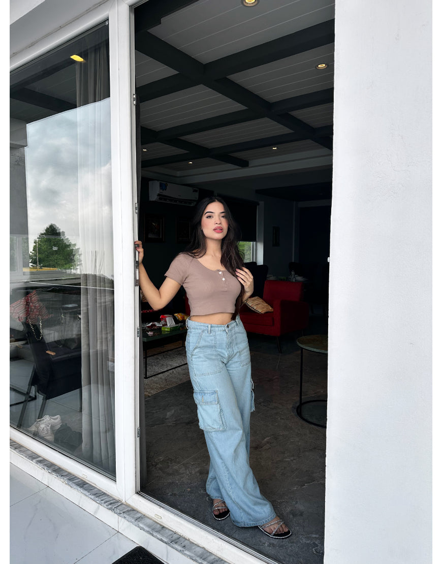 High Rise Wide Leg Flap Pocket Cargo Light Wash