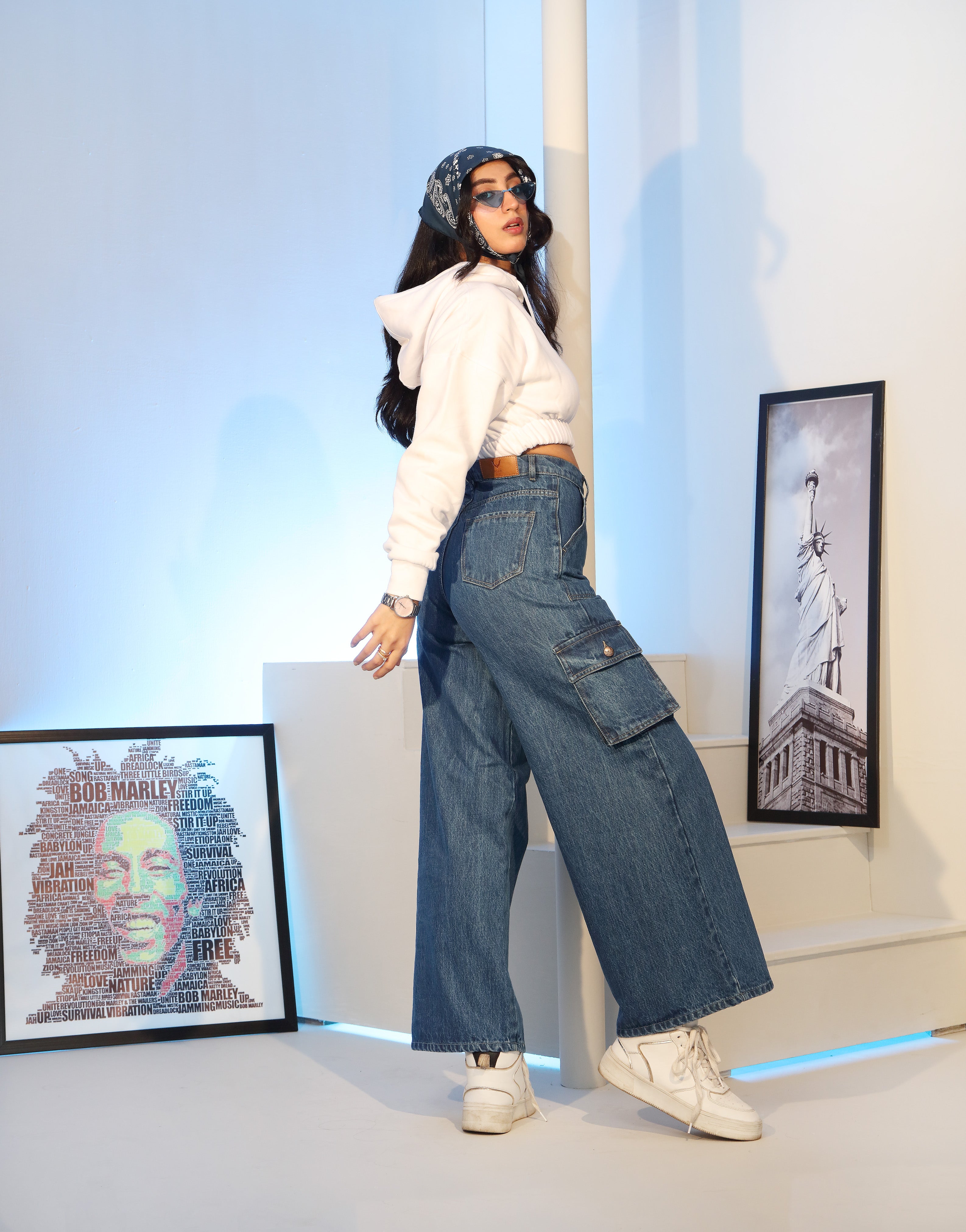 Wide Leg Flap Pocket Cargo Stone Blue